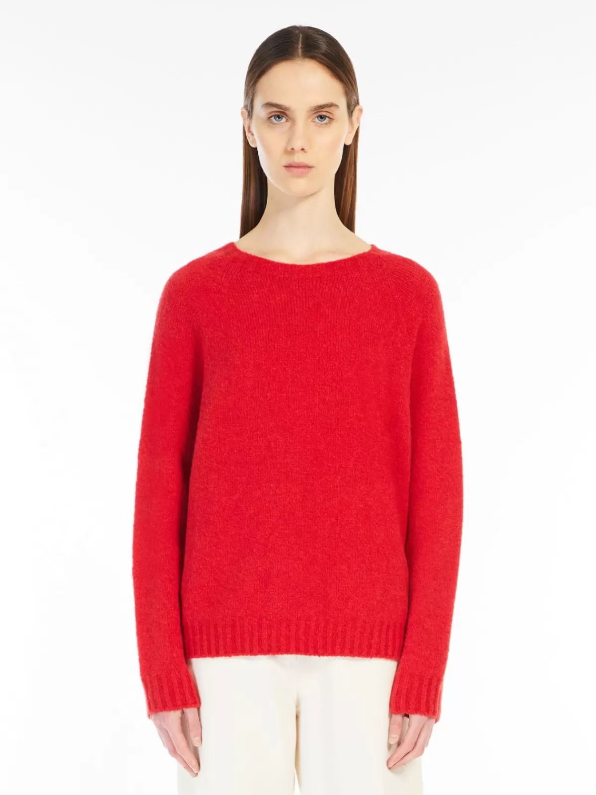 Suéter premium de alpaca suave y algodón transpirable en rojo vibrante - Colección MaxMara