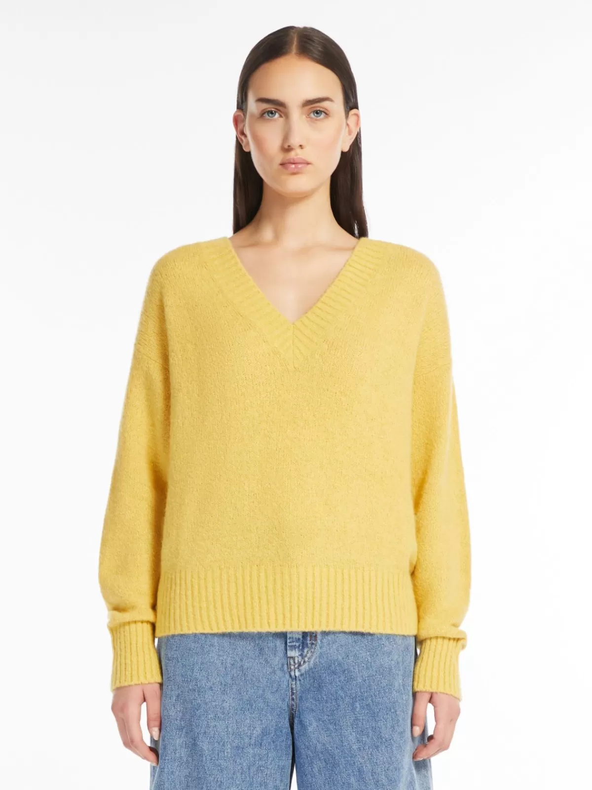 Jersey acogedor de MaxMara en alpaca y algodón con escote en V - Amarillo miel