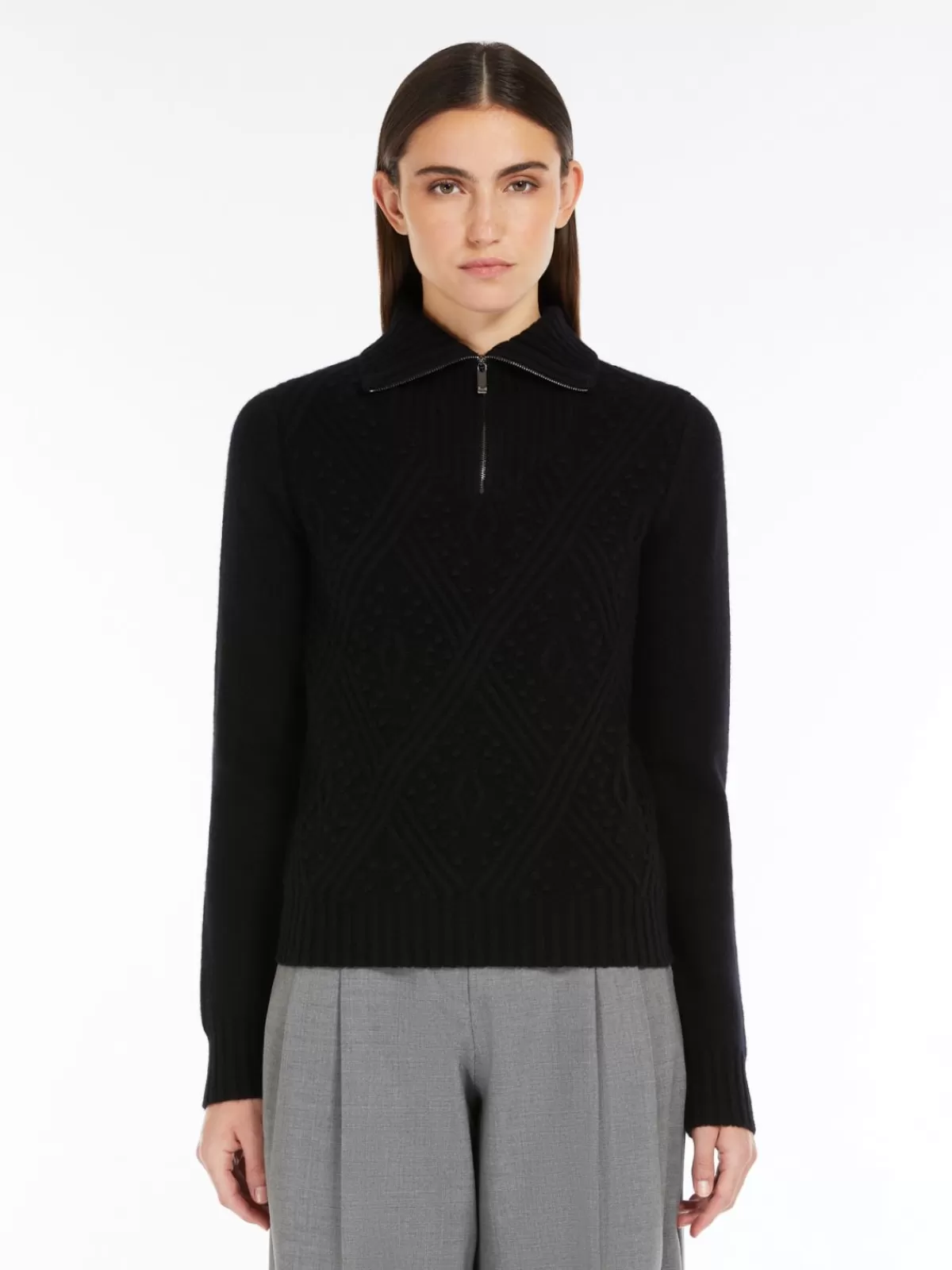 Sofisticado suéter con cremallera de Max Mara - mezcla premium de cachemir en tonalidad noche intensa