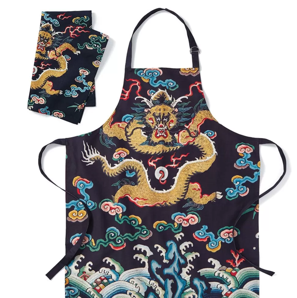Delantal y Paño de Cocina con Dragón Imperial - Juego Elegante de Insignia China del Museo Met