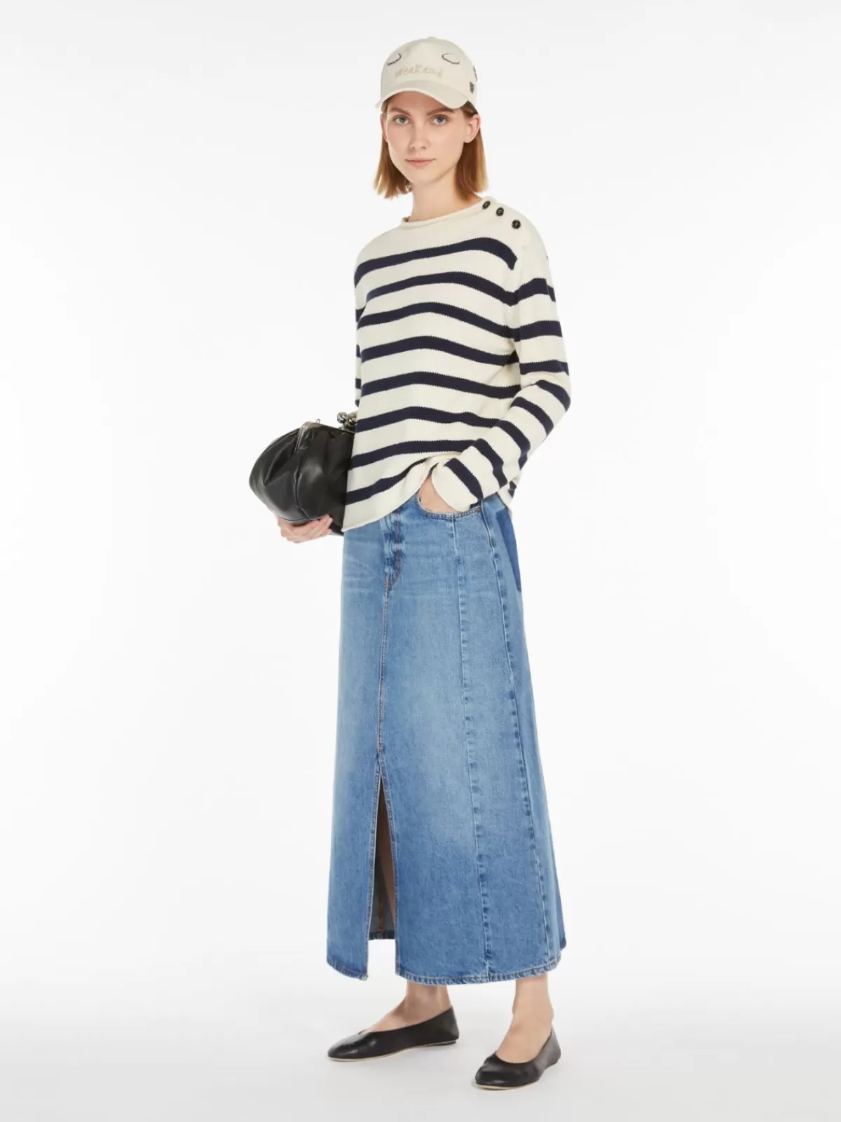 Suéter clásico Max Mara en punto de algodón abotonado - Azul marino artesanal  

(：、