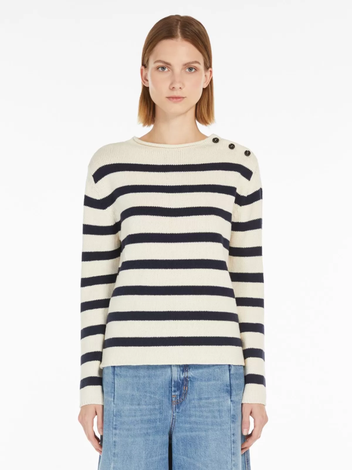 Suéter clásico Max Mara en punto de algodón abotonado - Azul marino artesanal  

(：、