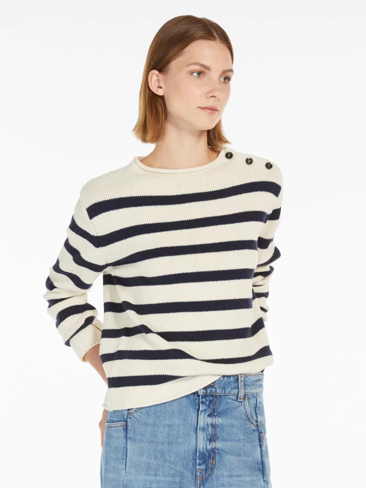 Suéter clásico Max Mara en punto de algodón abotonado - Azul marino artesanal  

(：、