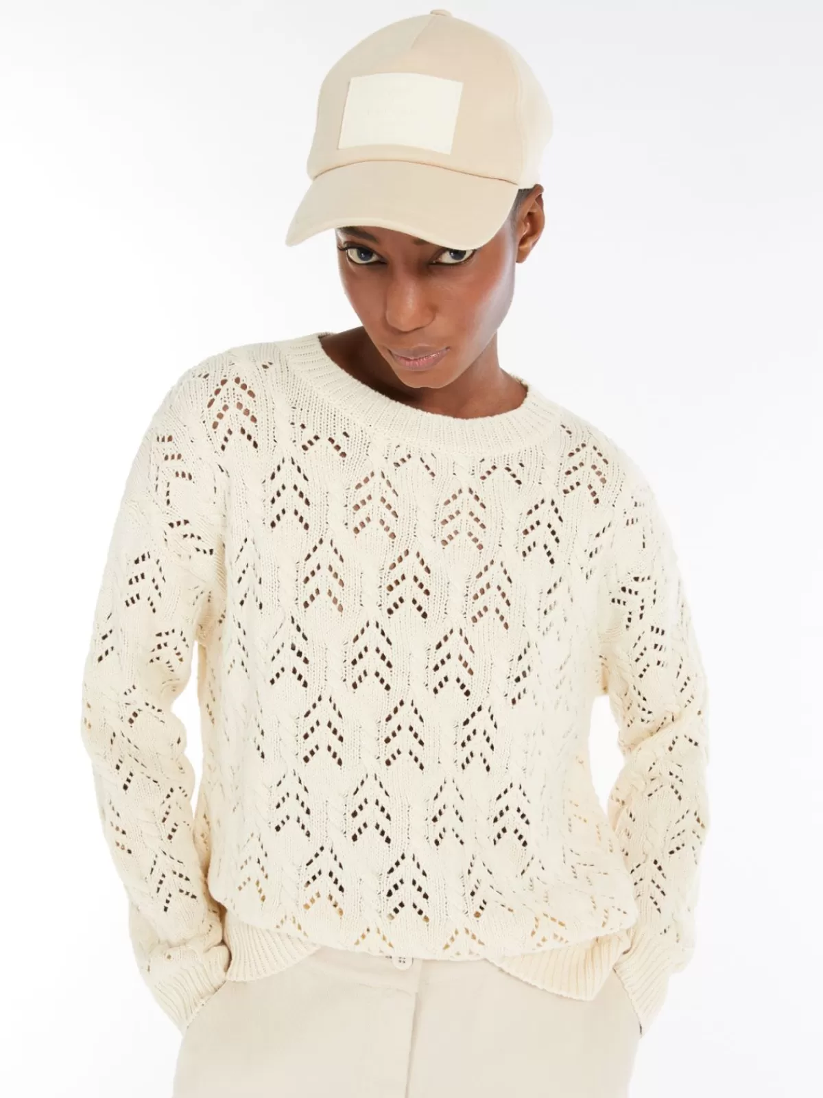 Suéter clásico Max Mara en hilo de algodón écrú - Tejido de punto premium invierno 2024