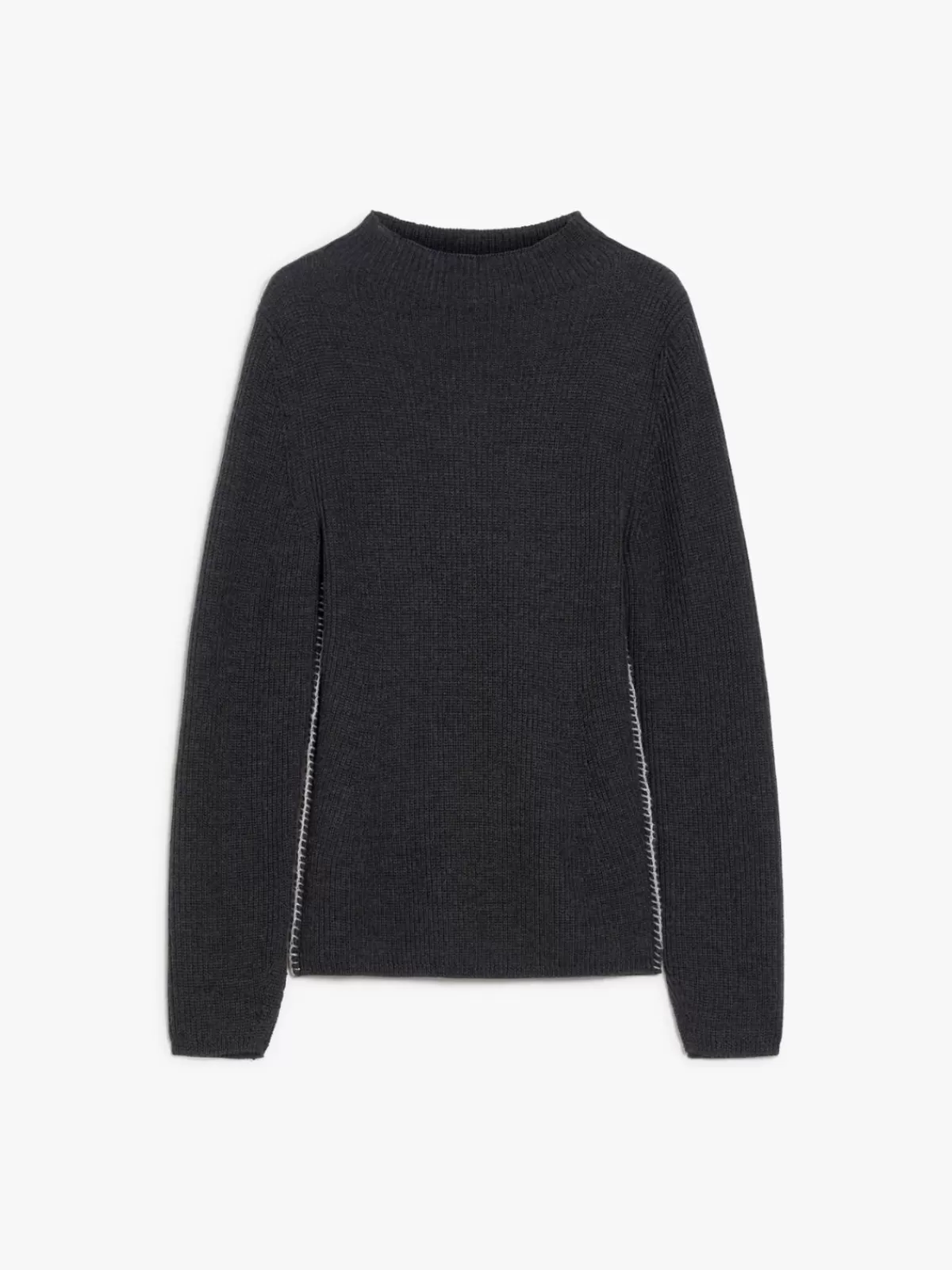 Max Mara - Suéter de lana acanalada con cuello craterífero en gris grafito, tejido abullonado para abrigo invernal 

(：，