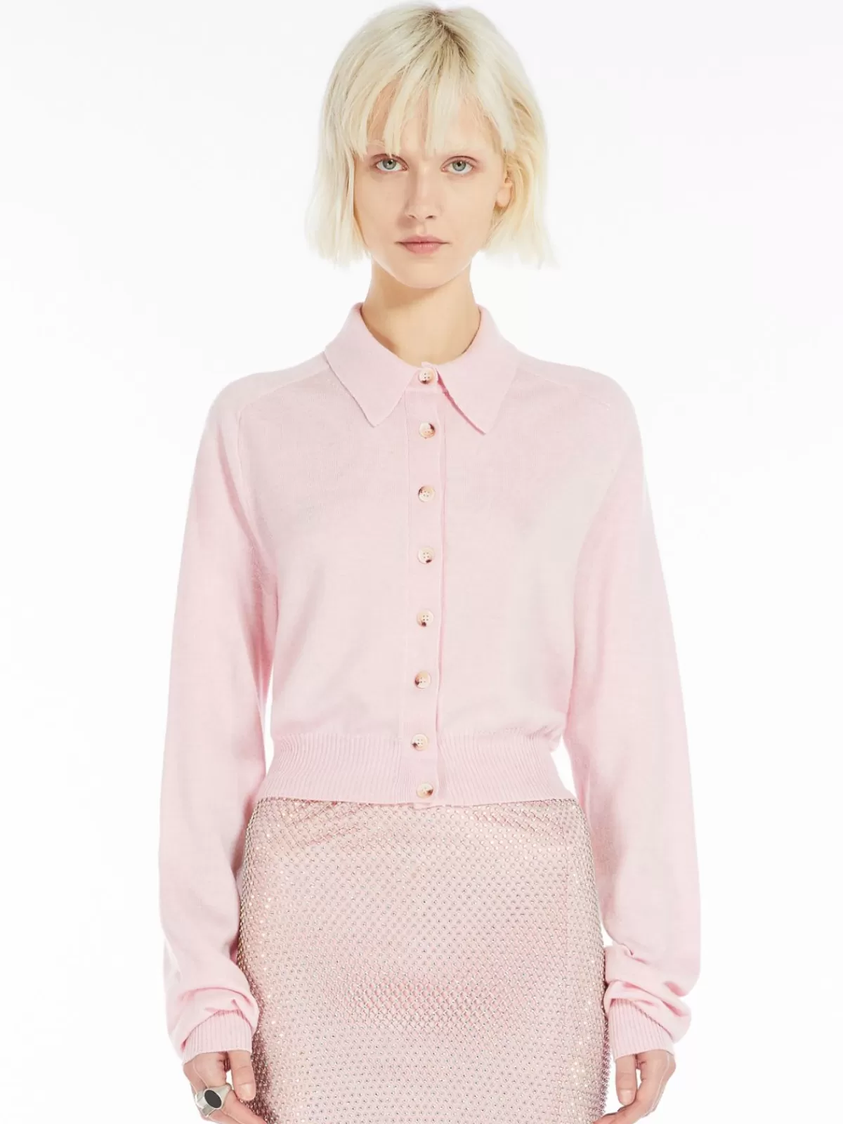 Sweater acogedor Max Mara con cuello extraíble - tejido premium en suave tono rosado pastel