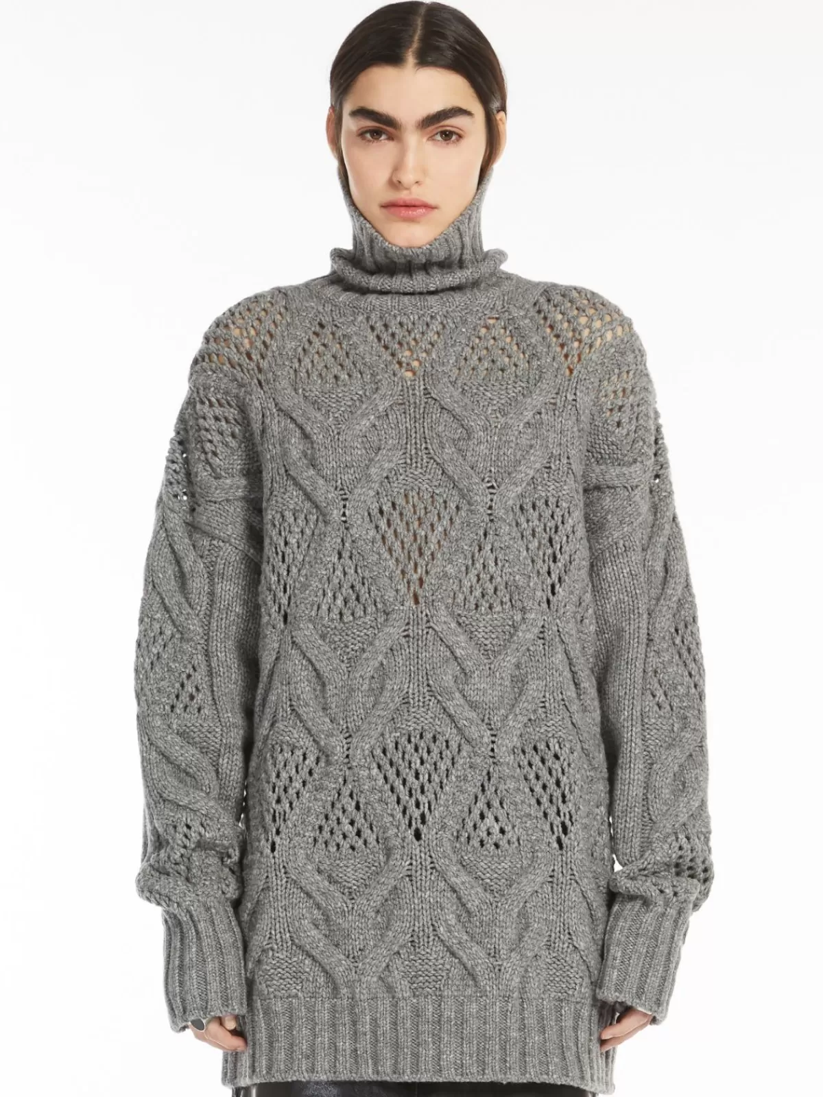 Jersey largo Max Mara en punto diamante - Gris medio, elegancia y suavidad en tejido premium