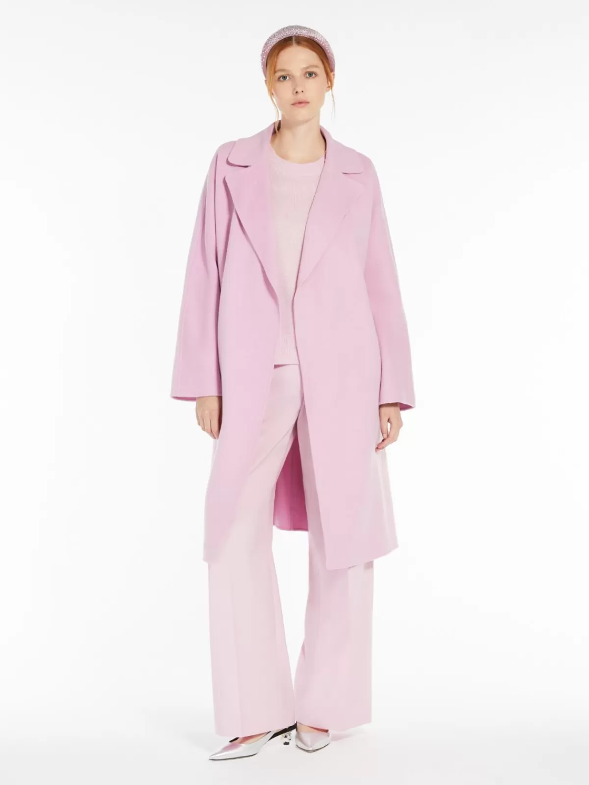 Sobretodo Max Mara estilo batón en lana doble cara - Diseño envolvente en tono rosa pastel
