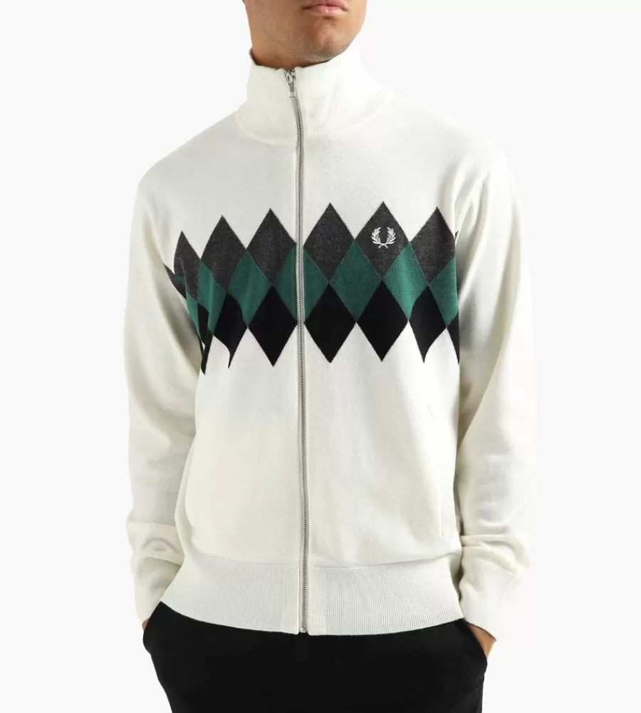 FRED PERRY – Suéter con diseño de diamantes tejido artesanal en blanco nieve | Estilo clásico premium
