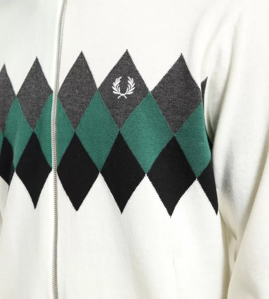 FRED PERRY – Suéter con diseño de diamantes tejido artesanal en blanco nieve | Estilo clásico premium