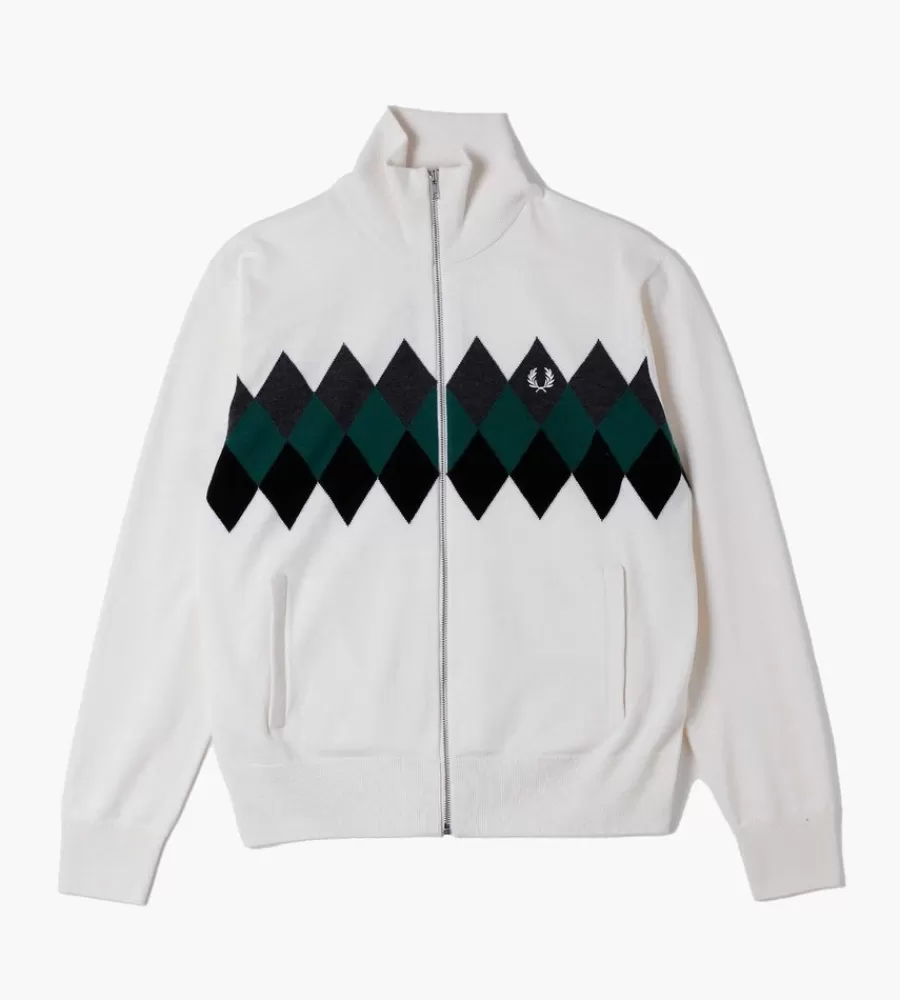 FRED PERRY – Suéter con diseño de diamantes tejido artesanal en blanco nieve | Estilo clásico premium