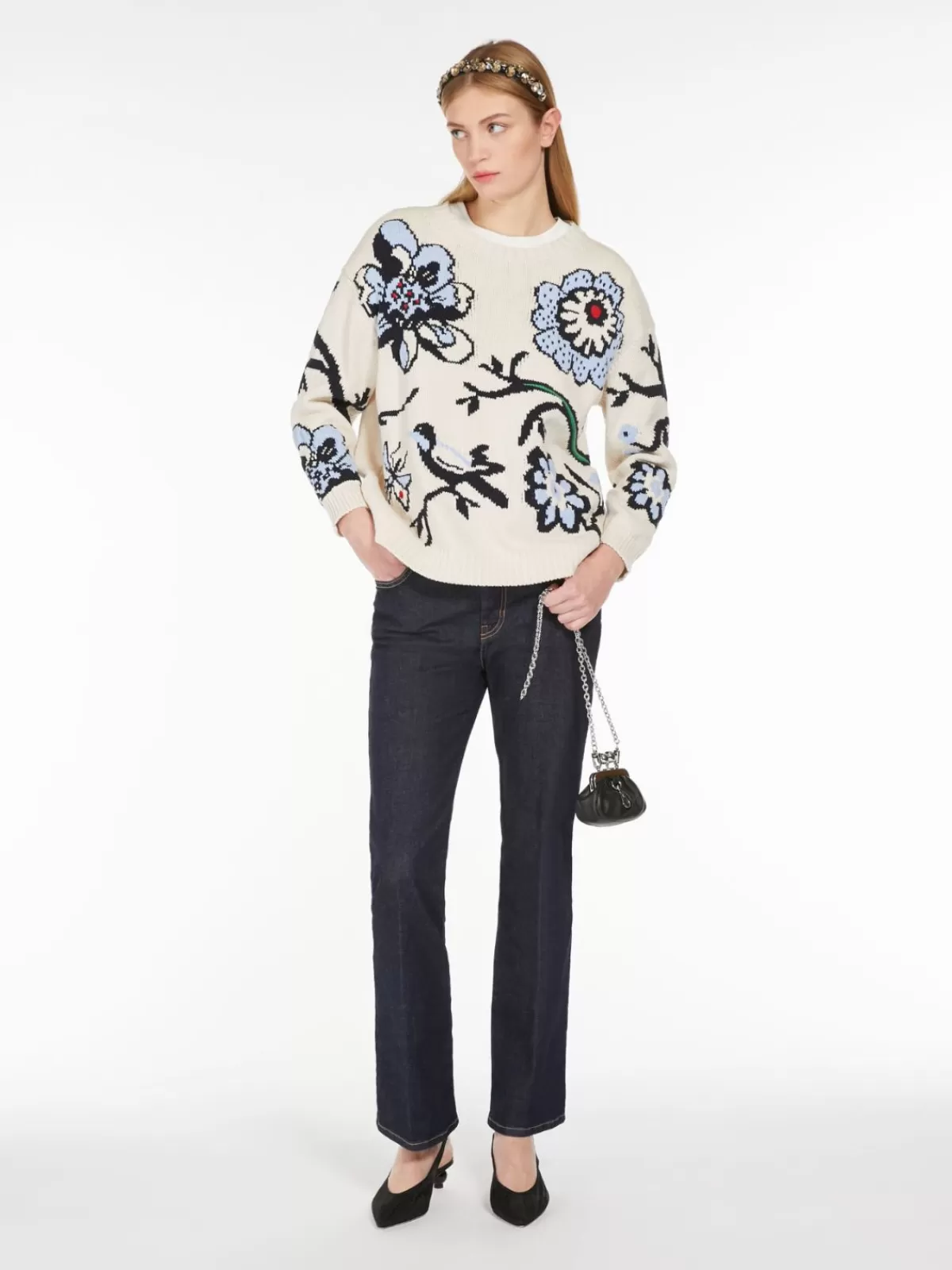Suéter de punto Max Mara en algodón premium con bordados delicados - Celeste cielo, diseño liviano para looks casuales