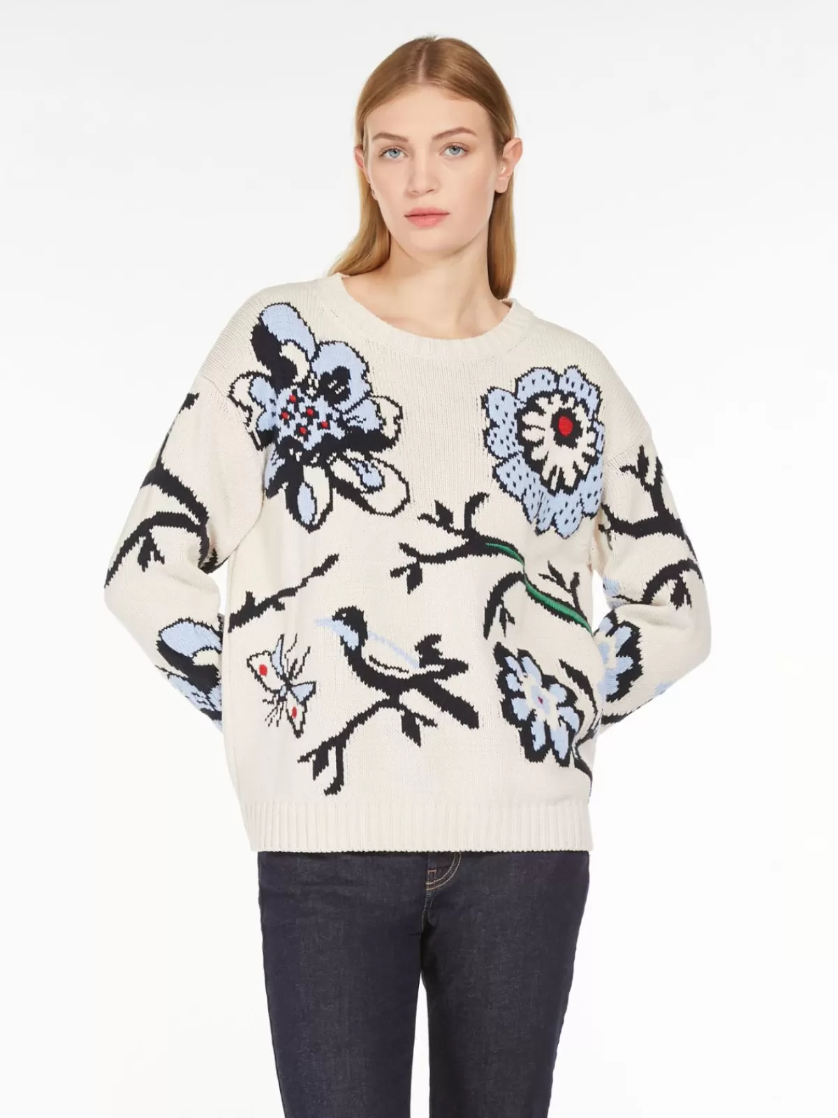 Suéter de punto Max Mara en algodón premium con bordados delicados - Celeste cielo, diseño liviano para looks casuales