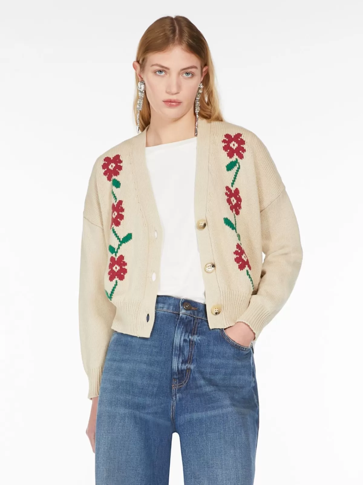 Cardigán de algodón con delicados detalles de encaje Max Mara - Beis suave