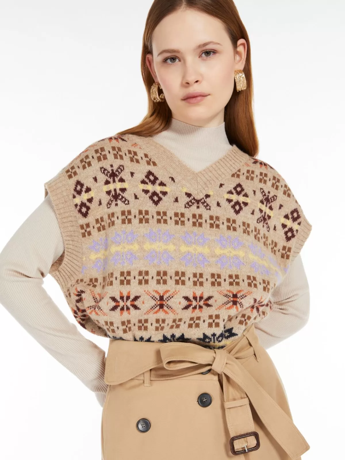 Chaleco acolchado Max Mara en jacquard - Mezcla cálida de alpaca y lana natural, tono arena desértico
