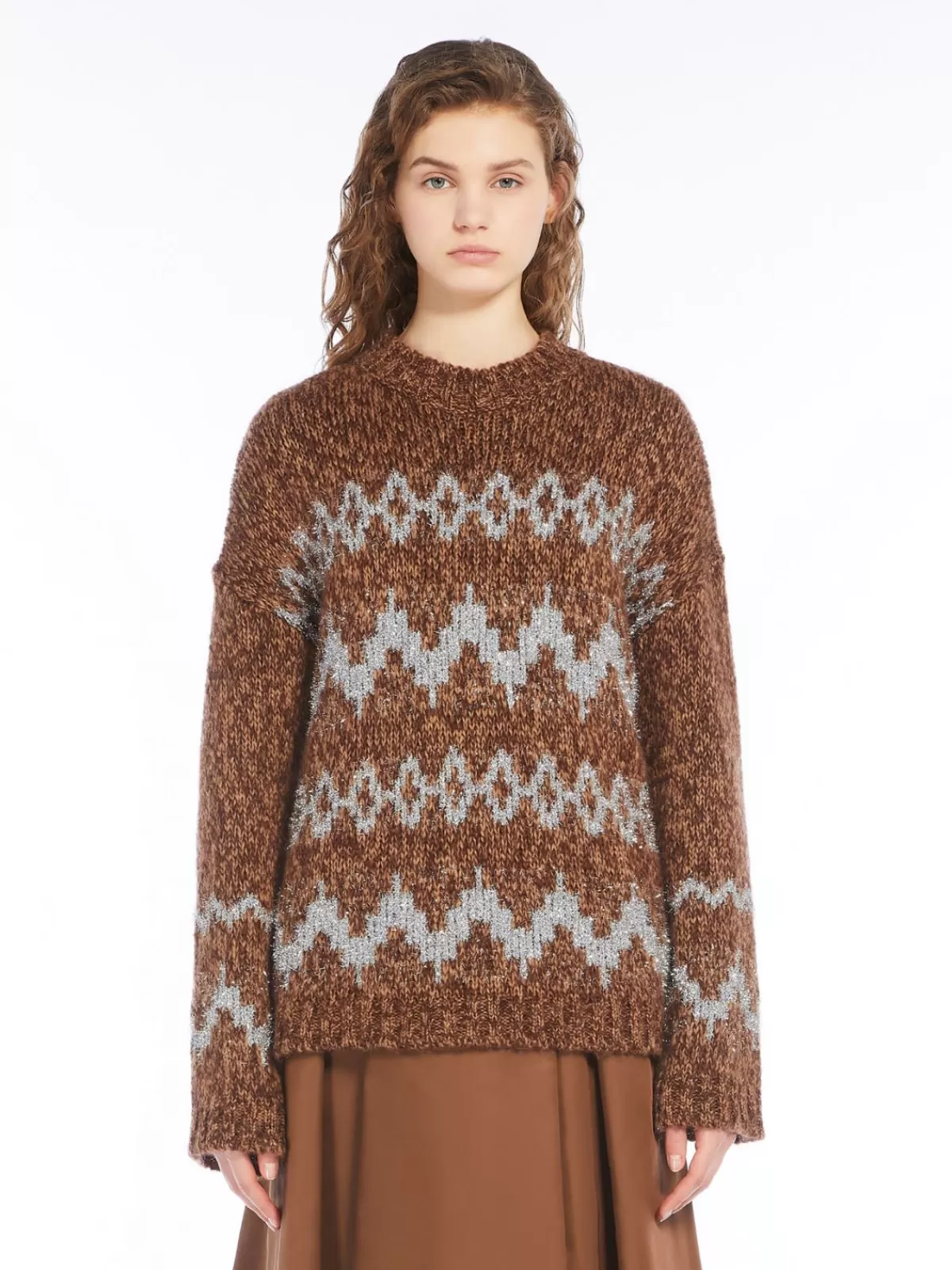 Suéter de invierno Max Mara en lana mohair jaspeada - Color tabaco cálido tejido a máquina