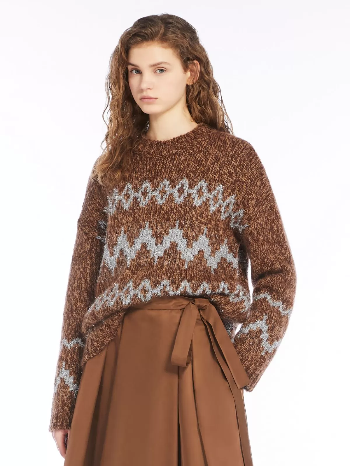 Suéter de invierno Max Mara en lana mohair jaspeada - Color tabaco cálido tejido a máquina