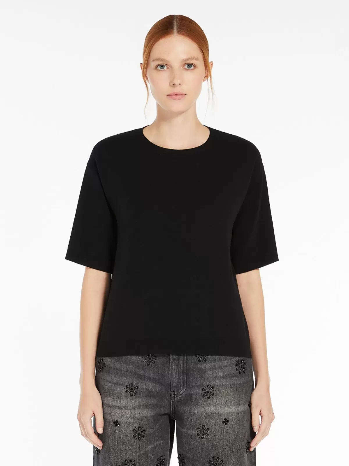 Max Mara - Camiseta clásica de punto jacquard en viscosa, color negro elegante - Prenda versátil para tu armario