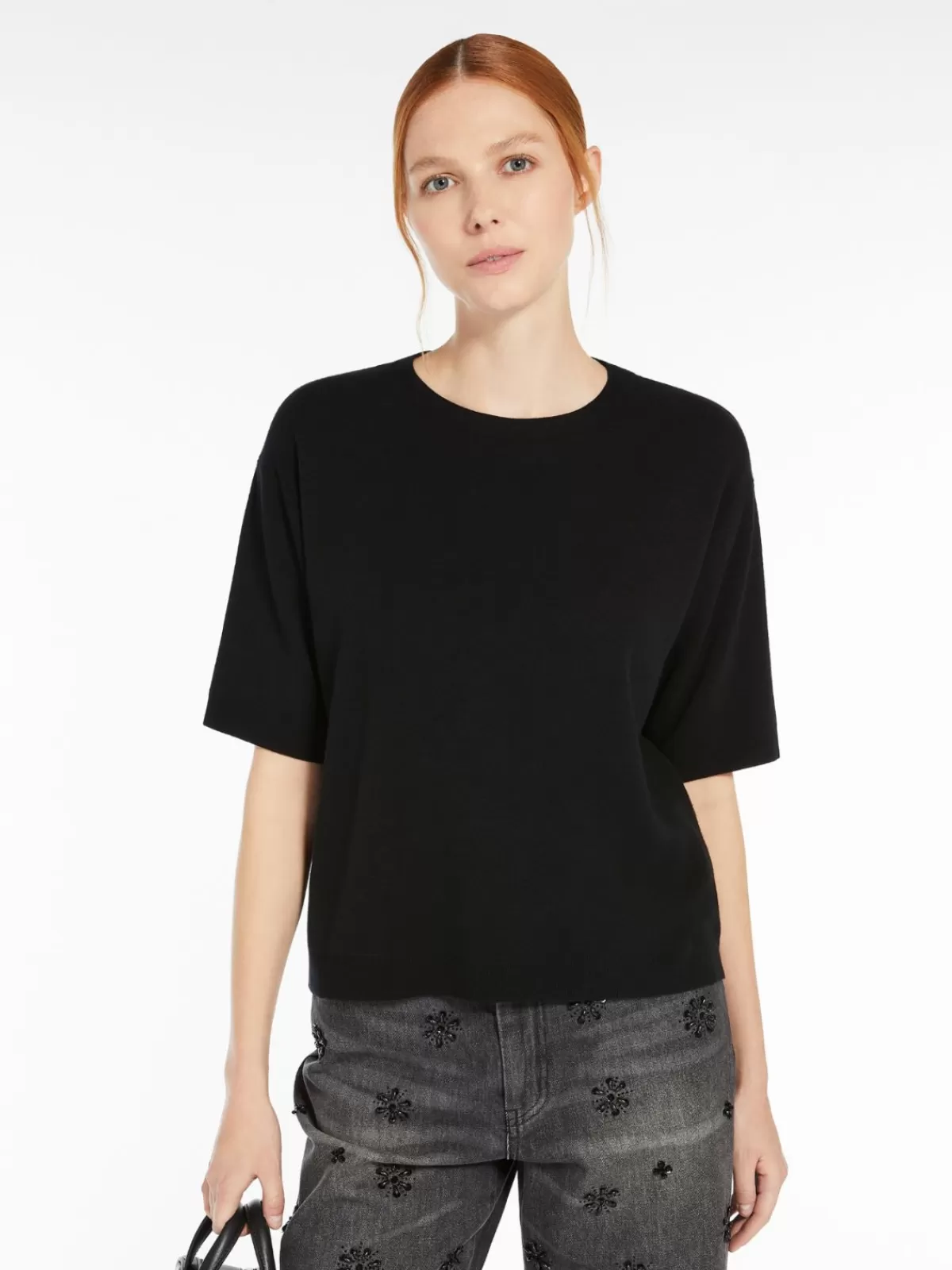 Max Mara - Camiseta clásica de punto jacquard en viscosa, color negro elegante - Prenda versátil para tu armario