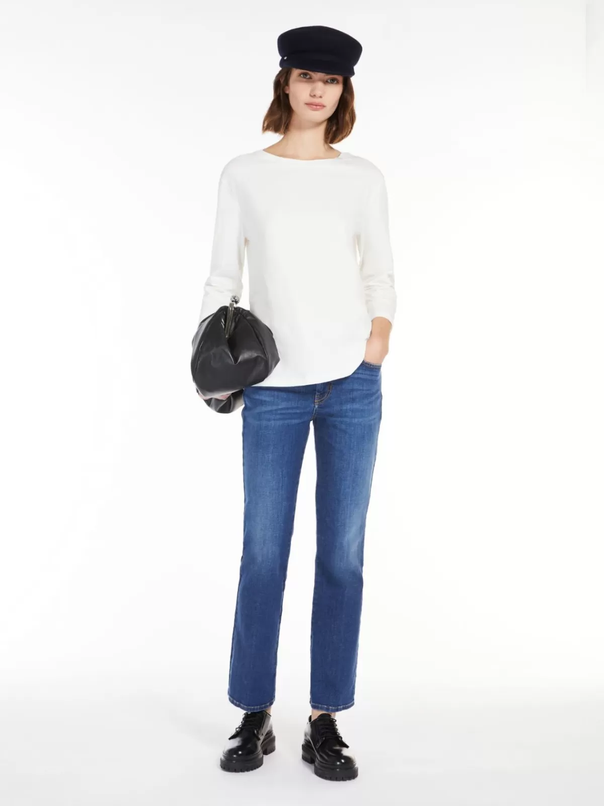 Max Mara - Camiseta Básica en Jersey de Cuello Bote - Blanco Inmaculado