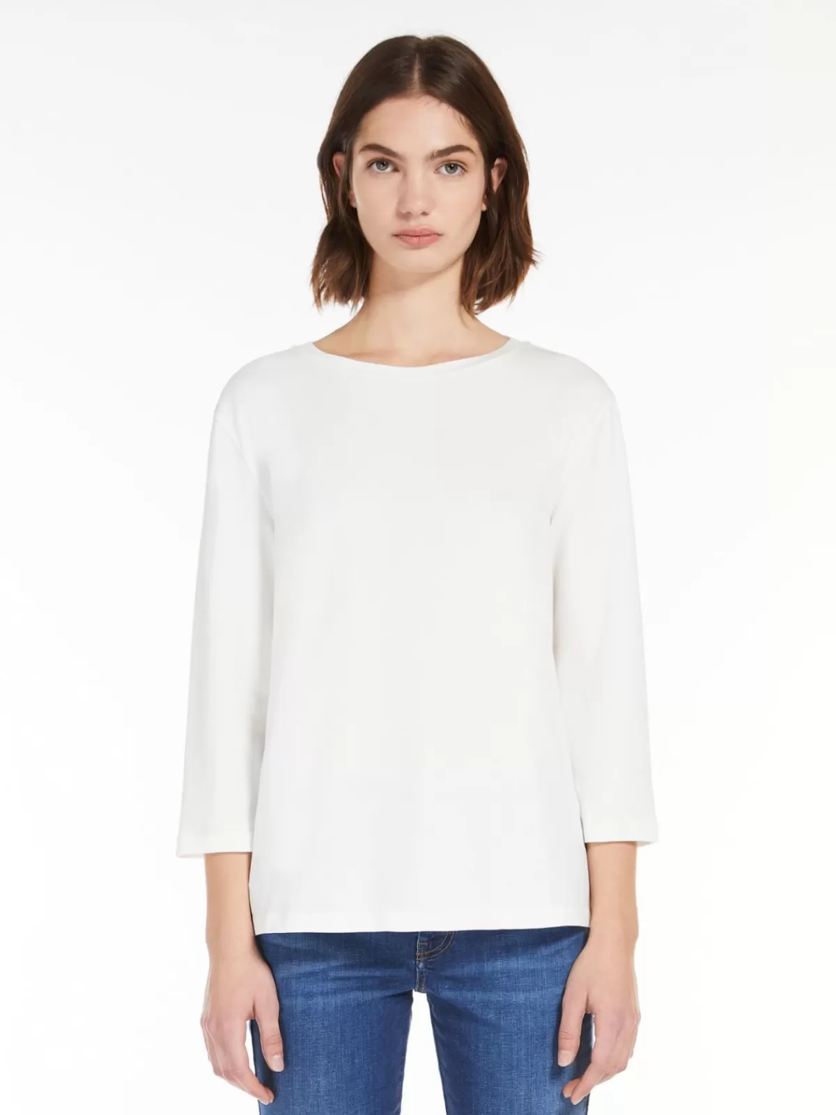 Max Mara - Camiseta Básica en Jersey de Cuello Bote - Blanco Inmaculado