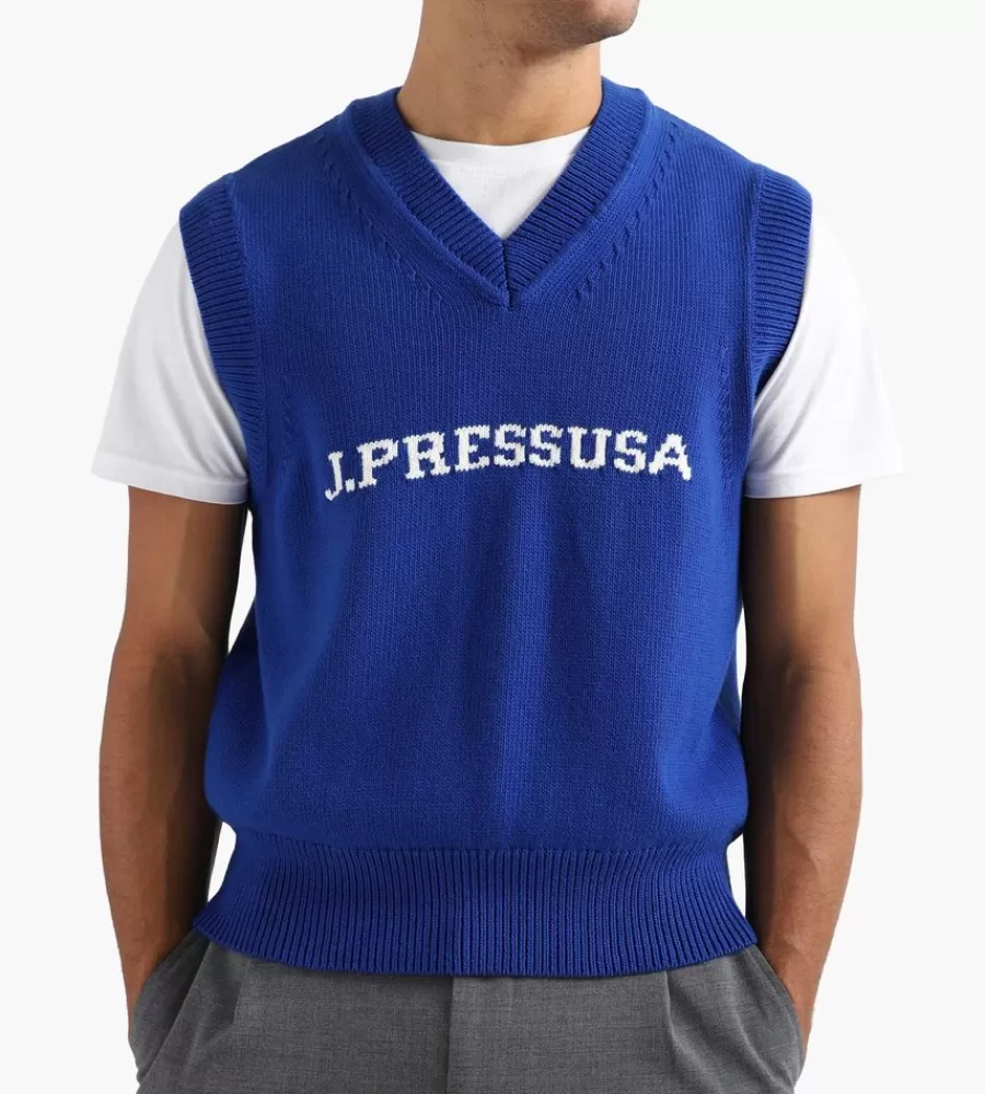J.PRESS Suéter Chaleco con Cuello en V en Azul Clásico - Estilo Casual de Punto Fino