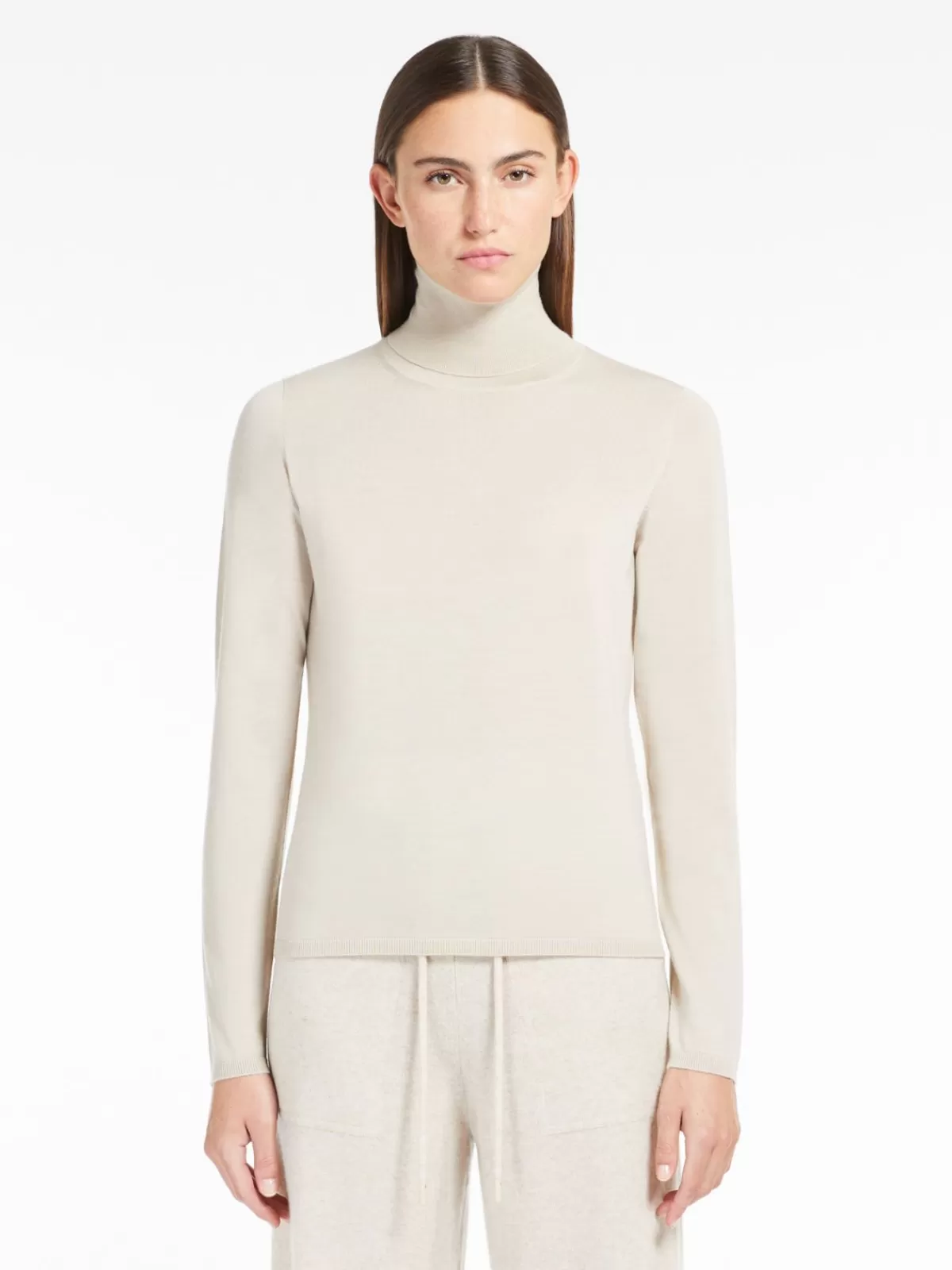 Max Mara - Suéter clásico de cachemir liviano con cuello alto beige | Abrigo perfecto para días frescos, diseño elegante y confort suave

（：，，，