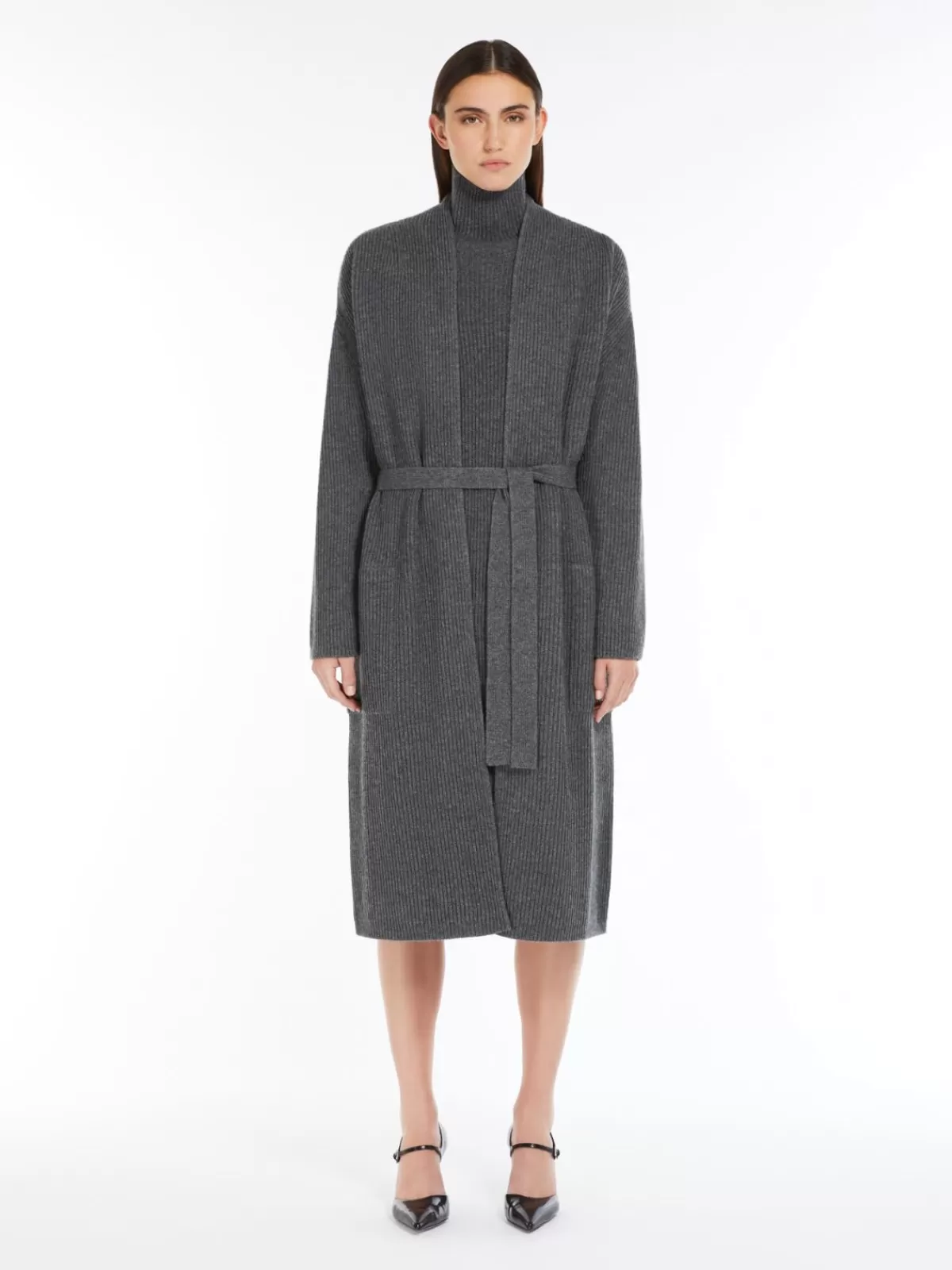 Cárdigan invernal Max Mara - Largo acogedor en suave mezcla de lana y cachemir, tono gris neutro para looks versátiles