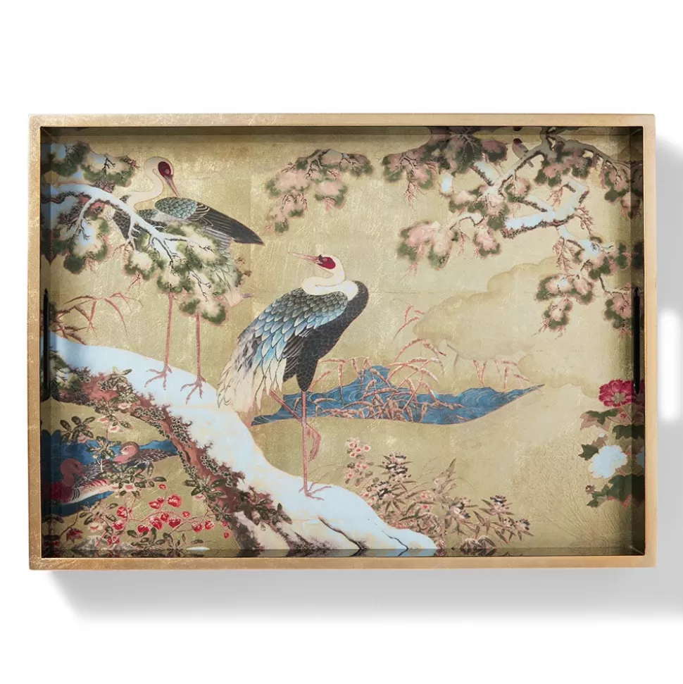 Bandeja Lacada Artesanal - Grullas y Flores del Período Momoyama · Colección Exclusiva Galería Met · Vajilla Decorativa y Objetos de Exhibición