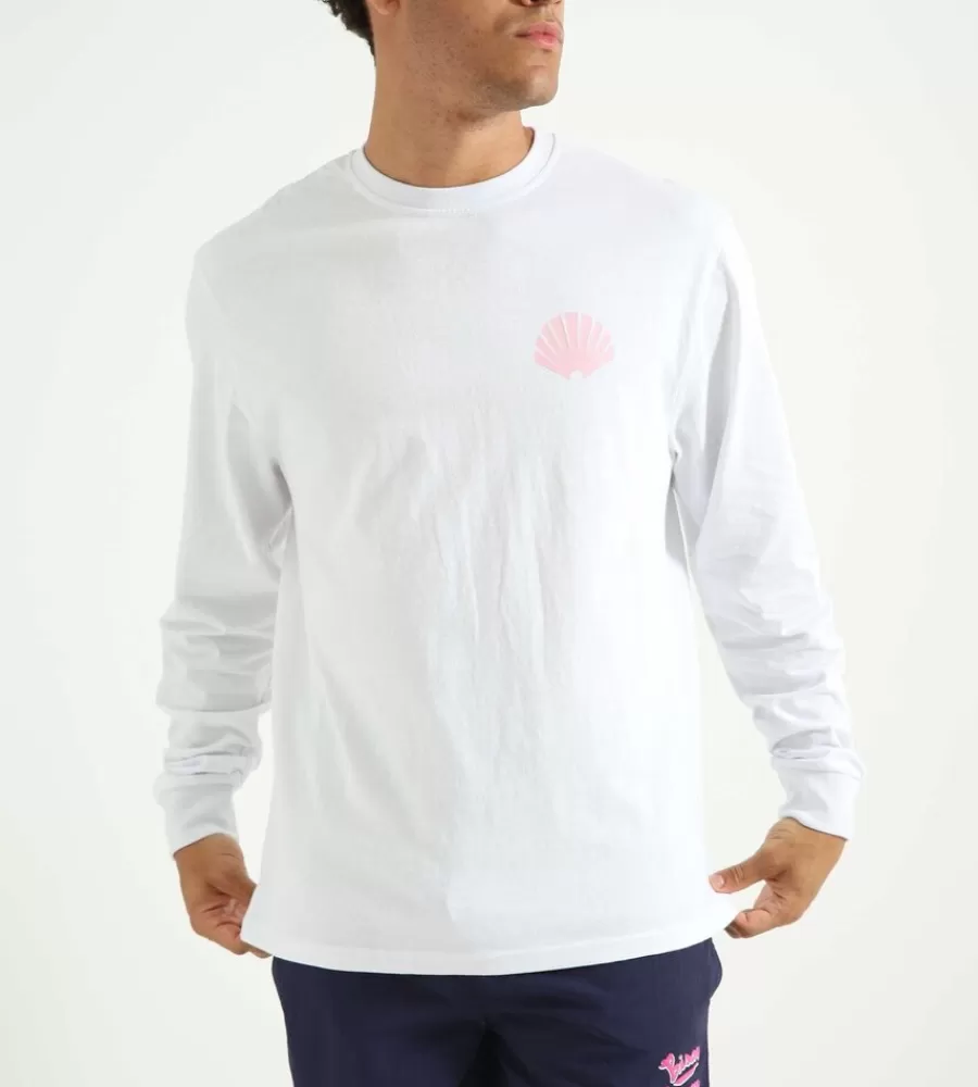 Camiseta de Manga Larga Blanca con Estampado del Logo - Asociación de Surf New Amsterdam | Diseño Exclusivo para Amantes del Mar | Prenda Casual Unisex