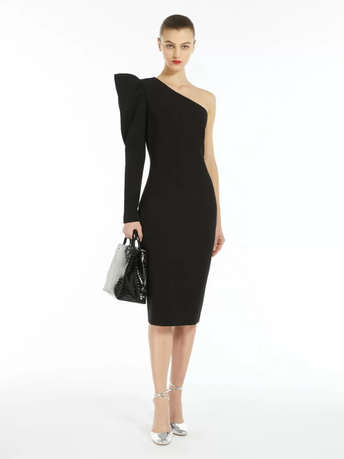 Vestido nocturno Max Mara de manga única en tejido punto negro - Diseño asimétrico con drapeado elegante
