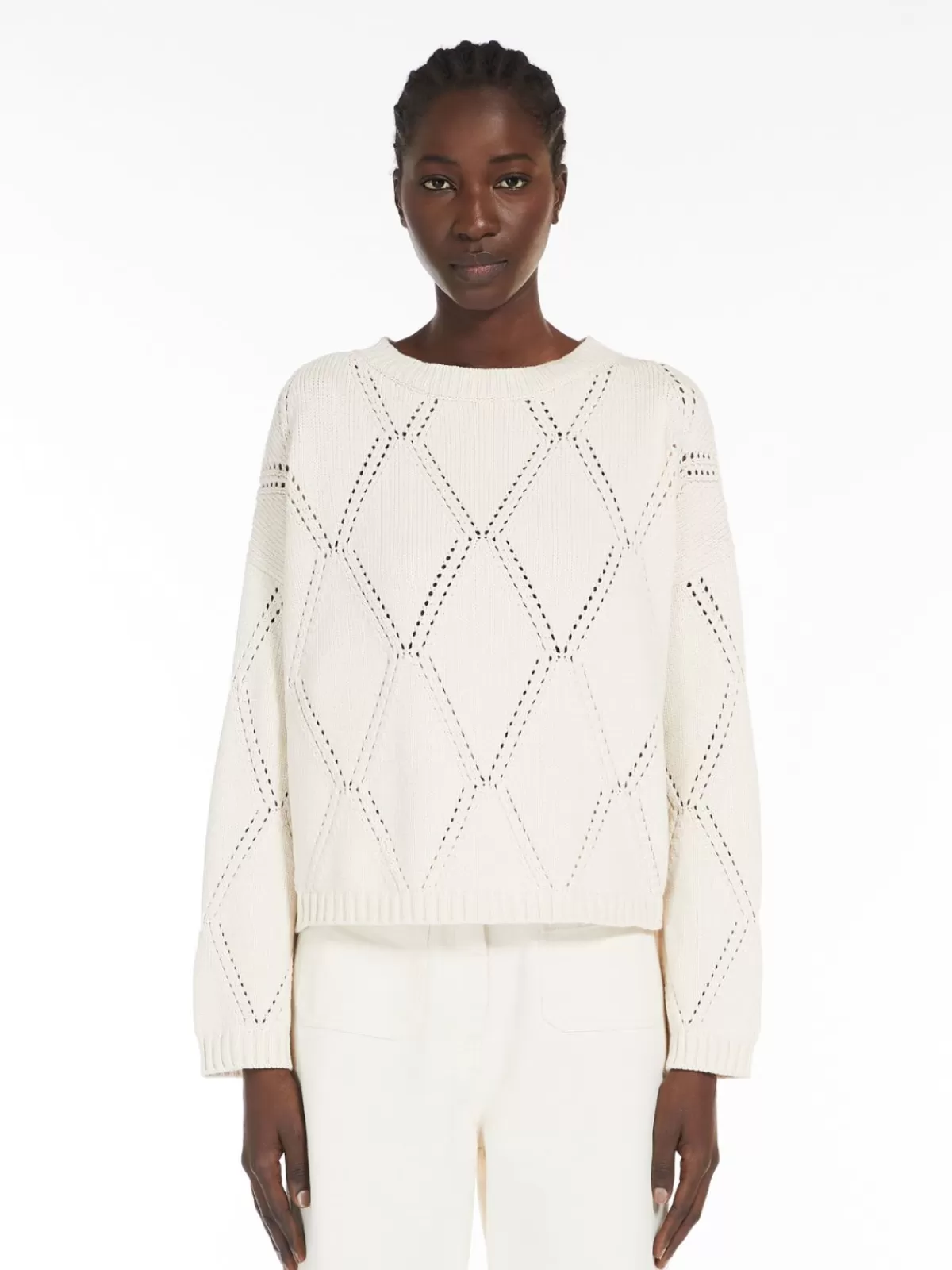Jersey Max Mara holgado en algodón premium - diseño de punto diamante con textura acanalada en tono crudo natural