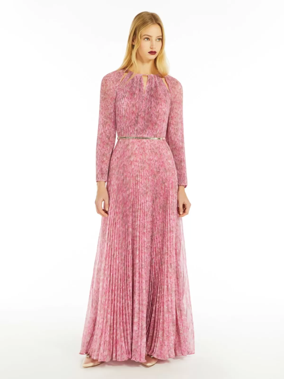 Vestido elegante Max Mara en seda estampada con plisado artesanal - Detalle floral peonía