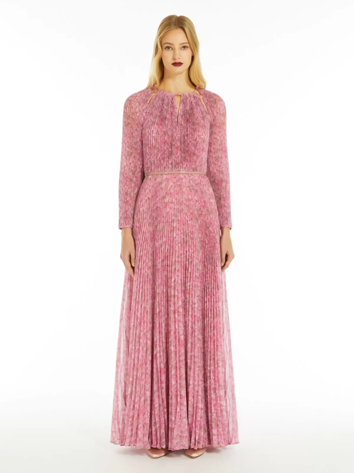Vestido elegante Max Mara en seda estampada con plisado artesanal - Detalle floral peonía