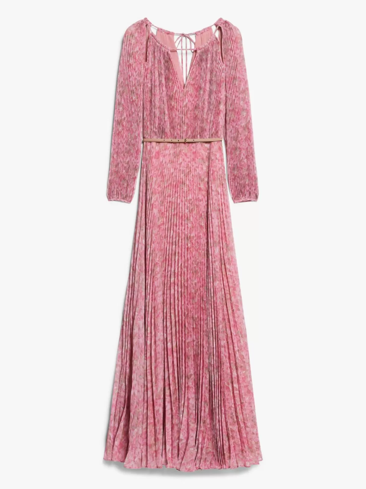 Vestido elegante Max Mara en seda estampada con plisado artesanal - Detalle floral peonía