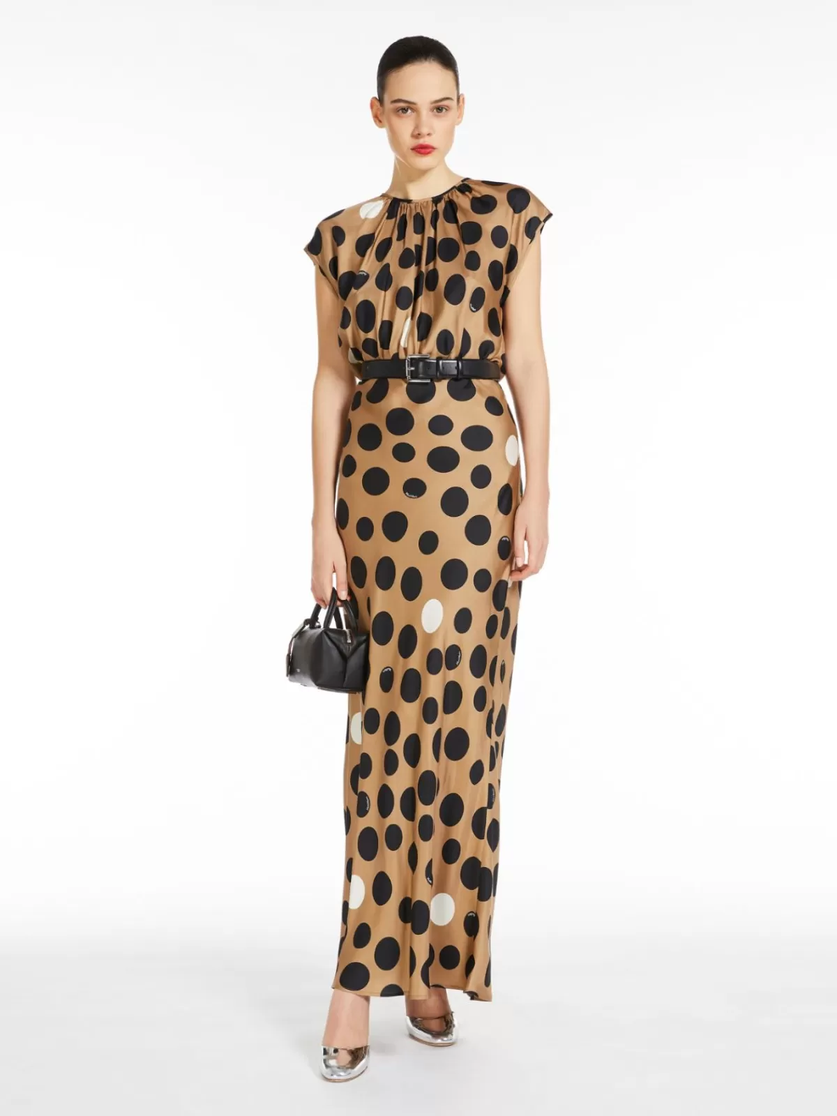 Vestido elegante de seda twill con estampado artístico - Diseño sofisticado Max Mara en tono camel