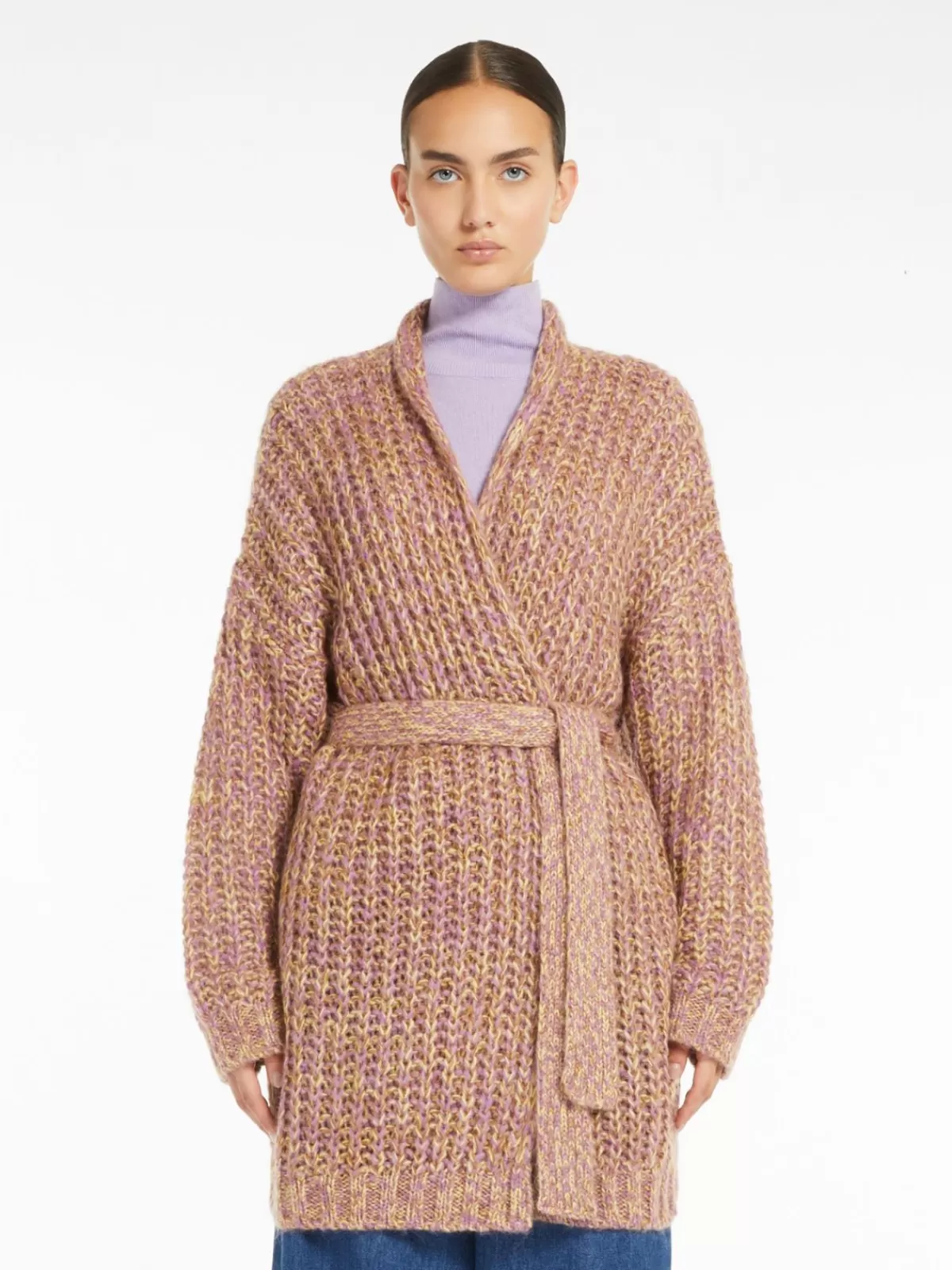 Chaqueta acanalada de mohair jaspeado en lila suave - Cárdigan Max Mara con detalles de punto costilla