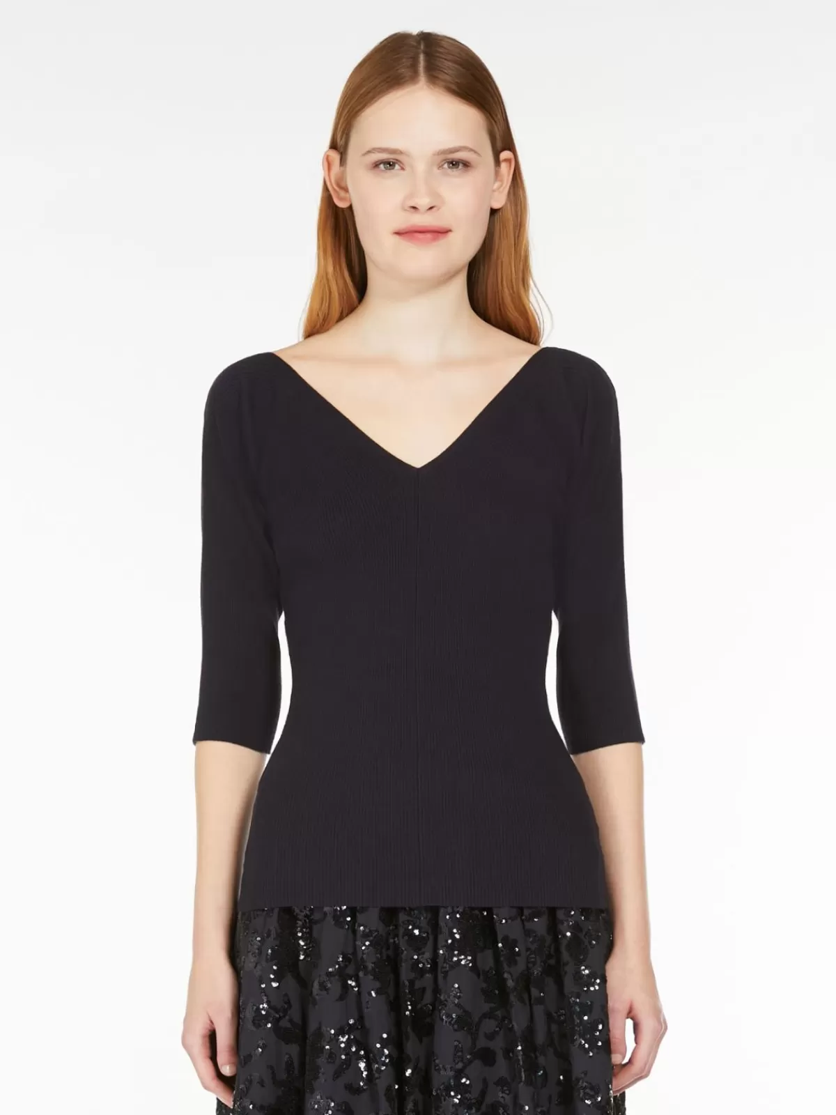 Jersey acogedor de cuello en V Max Mara - Tejido suave con costillas en viscosa azul marino, diseño clásico para looks elegantes