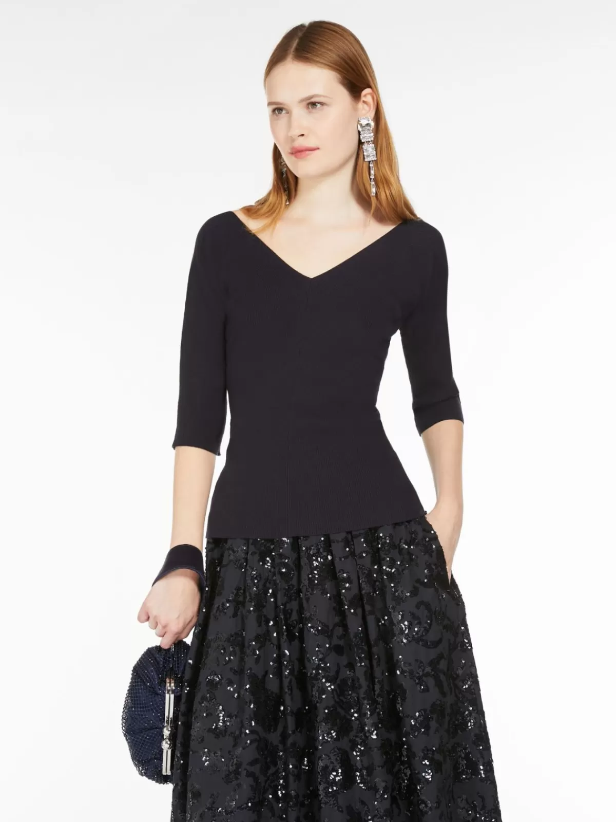 Jersey acogedor de cuello en V Max Mara - Tejido suave con costillas en viscosa azul marino, diseño clásico para looks elegantes