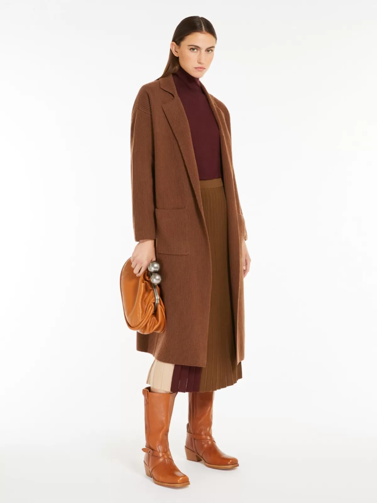 Cárdigan acogedor de lana merino con textura acanalada - Diseño elegante Max Mara en cálido tono tabaco