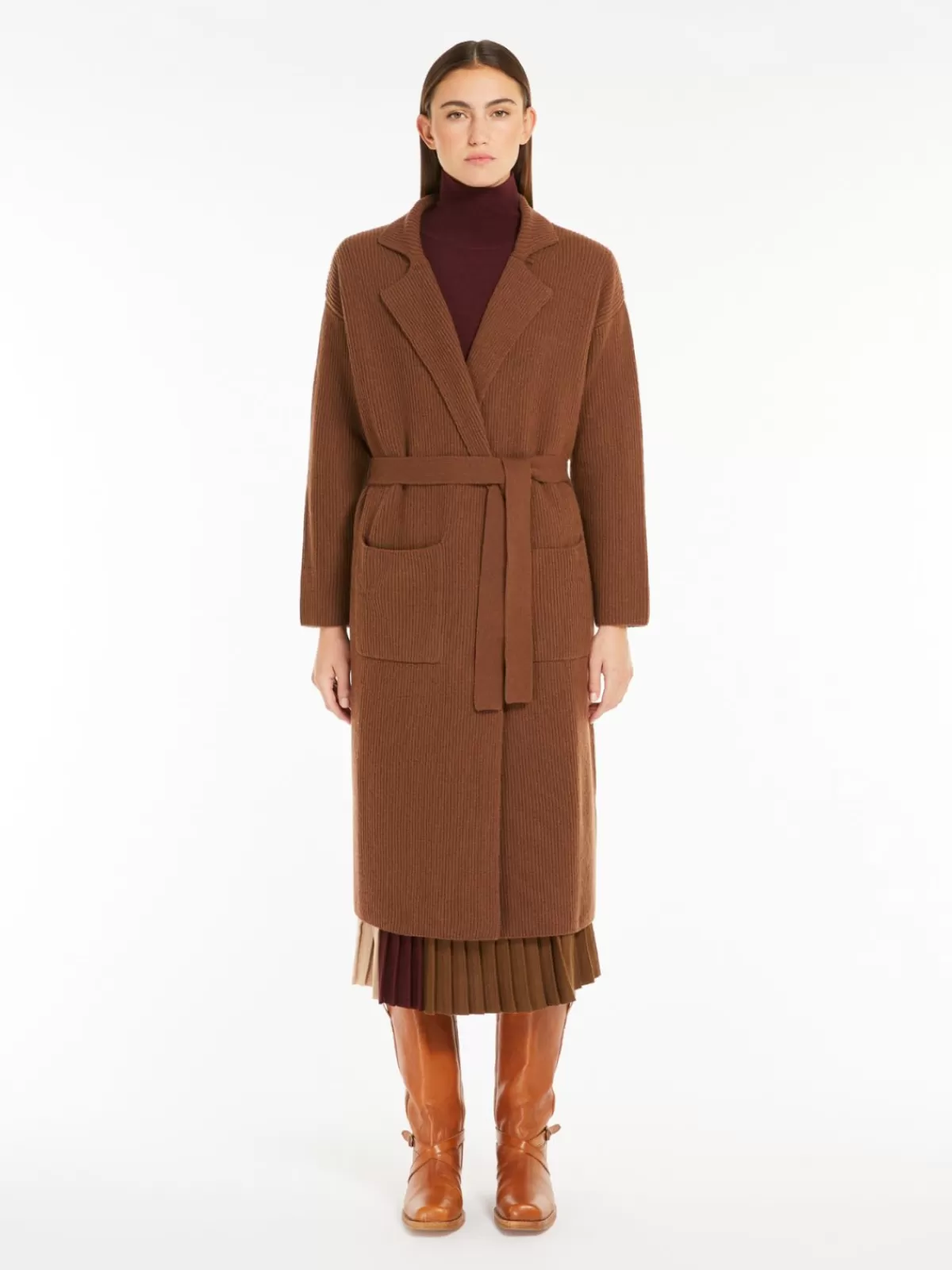 Cárdigan acogedor de lana merino con textura acanalada - Diseño elegante Max Mara en cálido tono tabaco