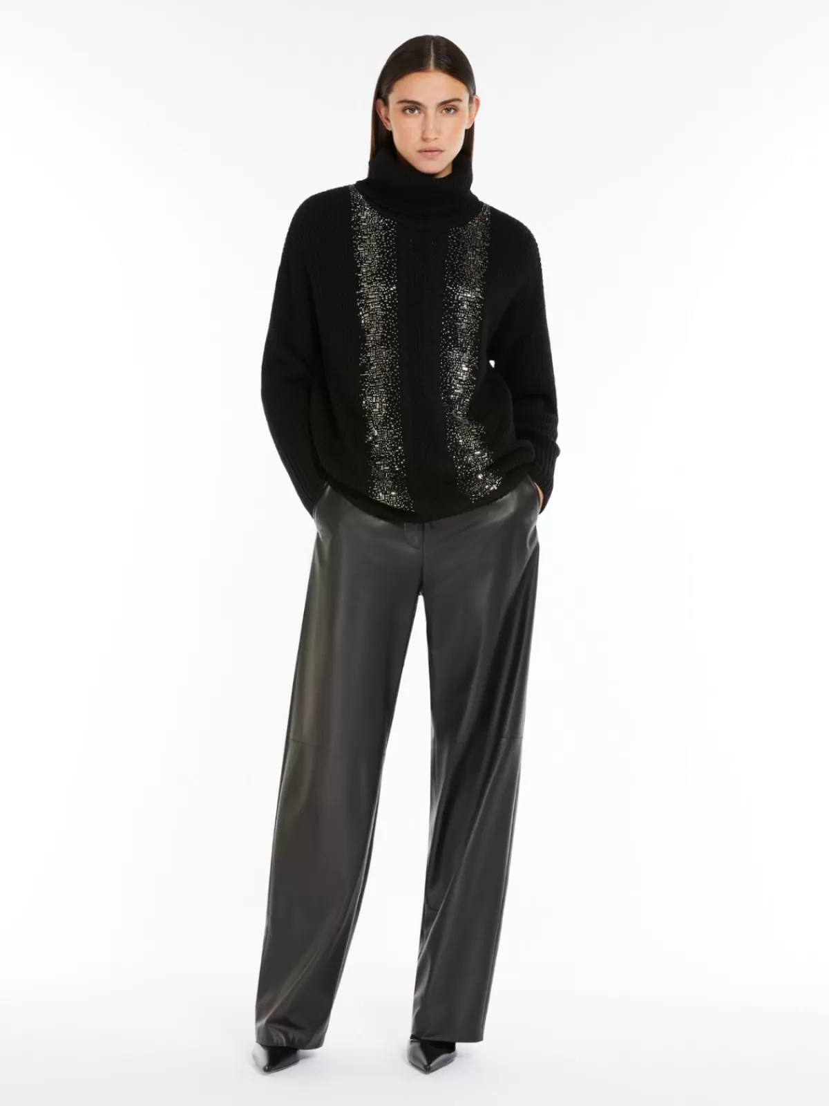 Jersey de cuello alto en lana canalé - Diseño clásico Max Mara en negro intenso