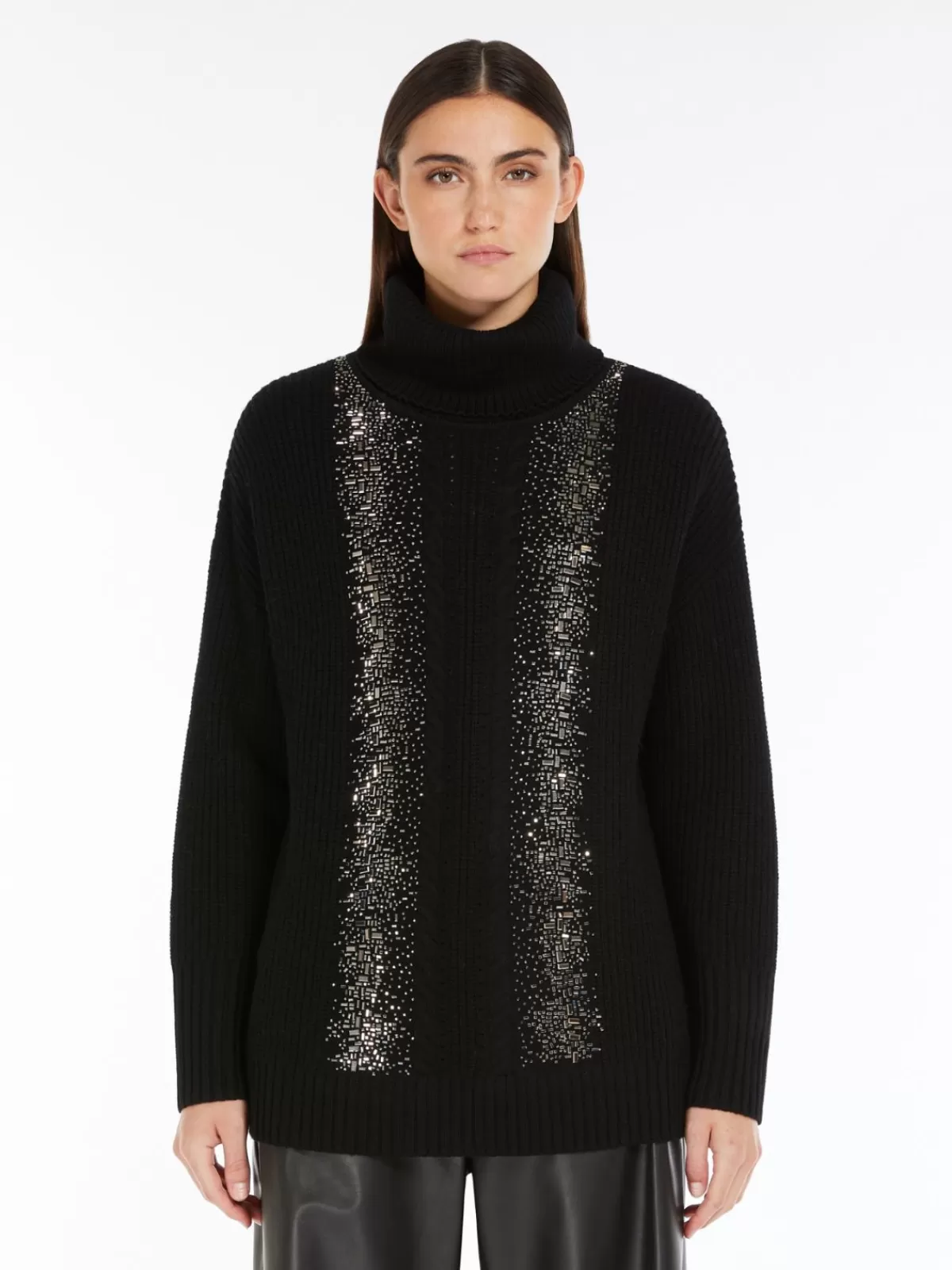 Jersey de cuello alto en lana canalé - Diseño clásico Max Mara en negro intenso