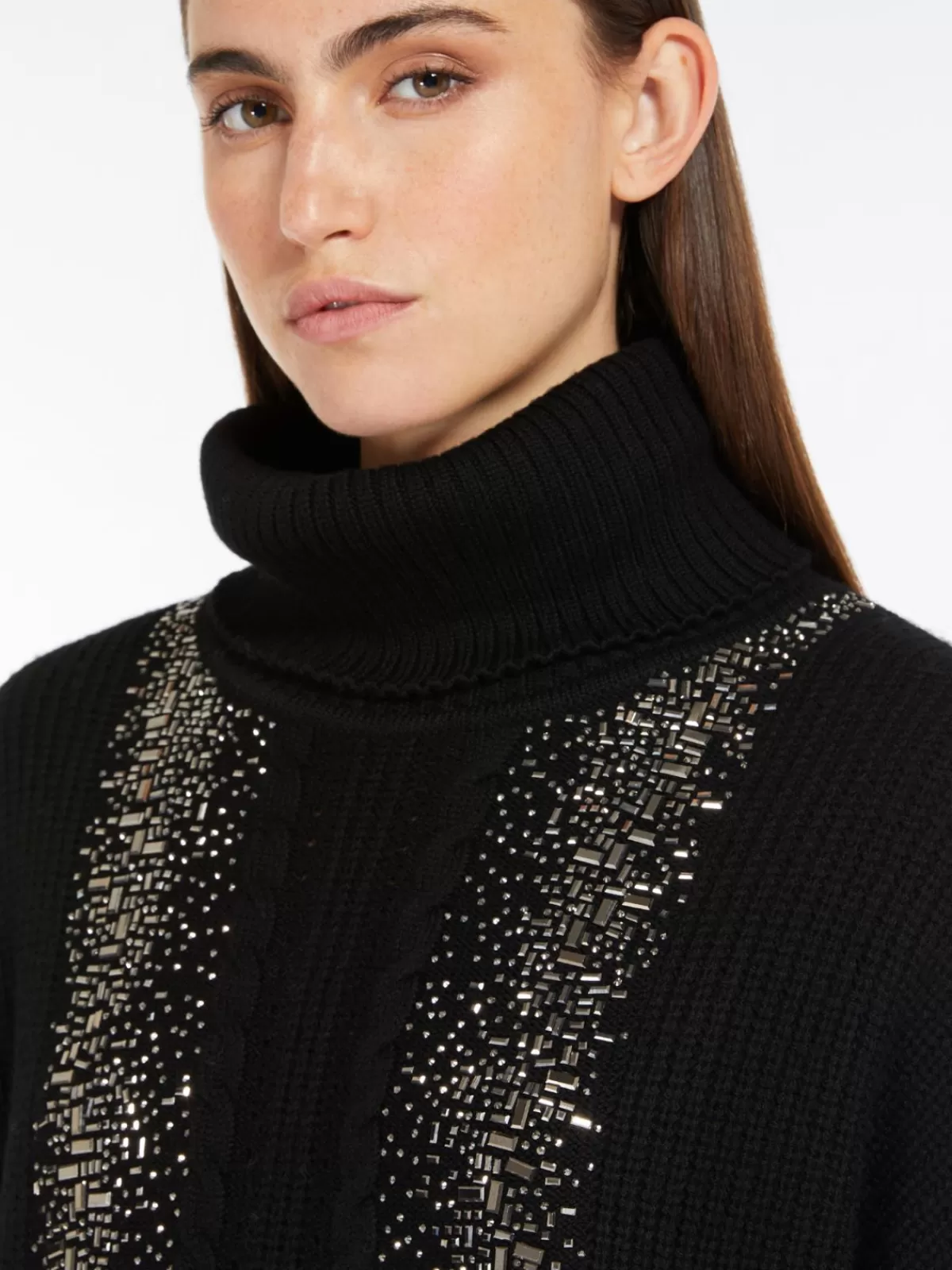 Jersey de cuello alto en lana canalé - Diseño clásico Max Mara en negro intenso