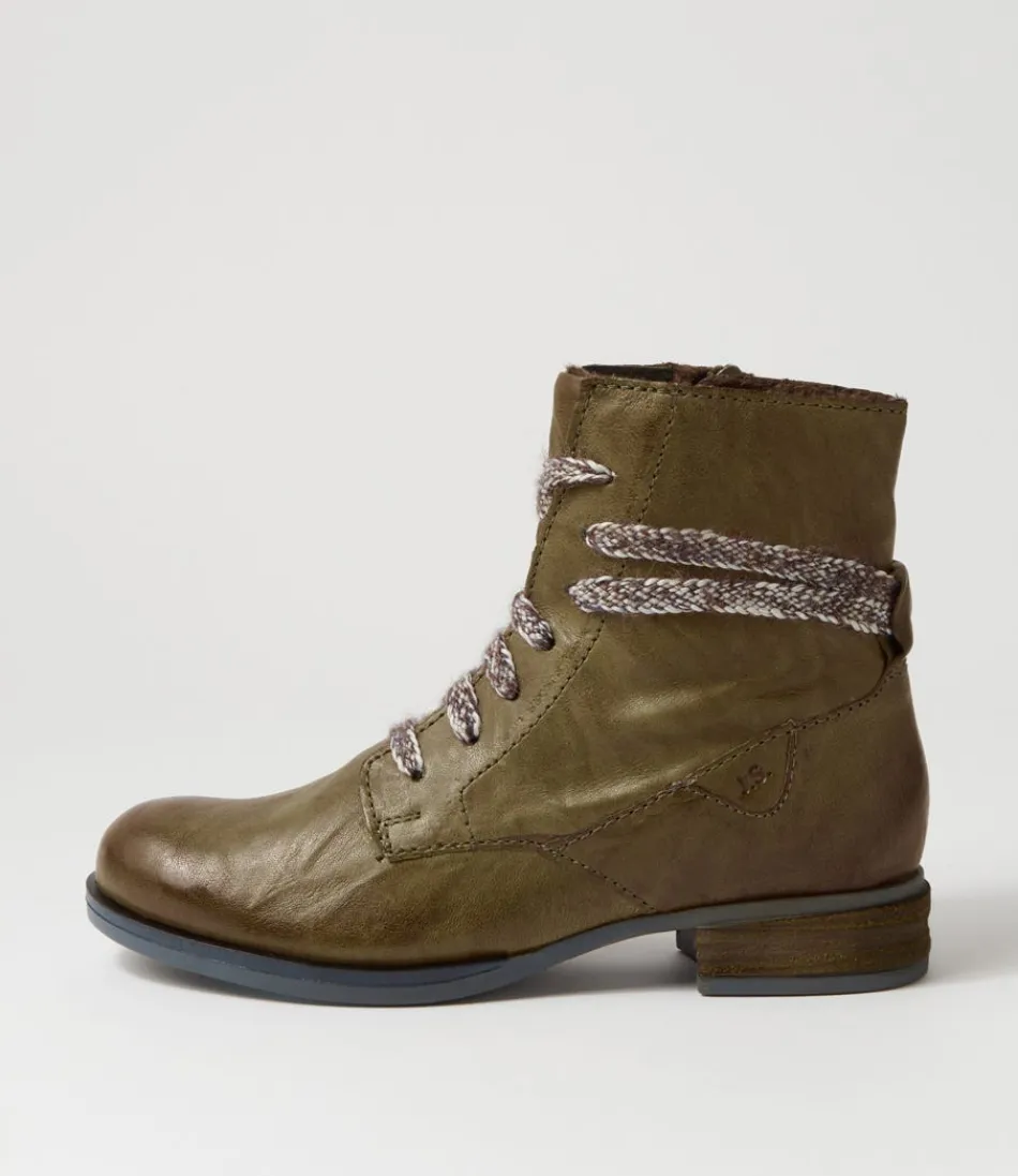 Botas Mujer JOSEF SEIBEL Sanja 18 - Botines de Cuero Oliva con Cordones, Talla 38 EU (Modelo Otoño/Invierno)