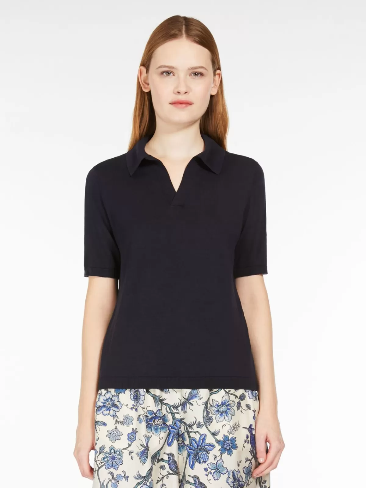 Max Mara - Suéter polo clásico en hilo seda-algodón azul marino - Prenda de punto versátil para looks elegantes