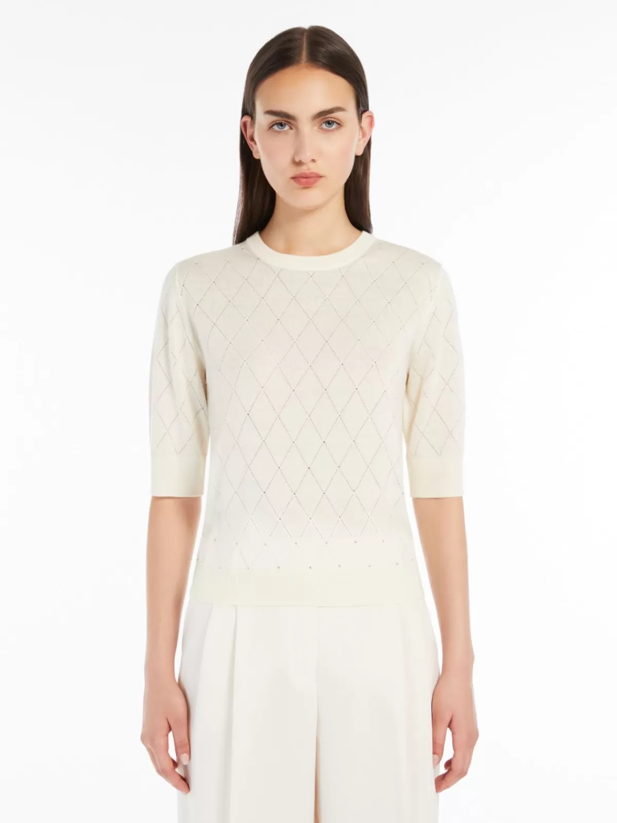 Suéter clásico Max Mara en lana y seda - Diseño argyle con detalles en punto romboidal, tono marfil invierno