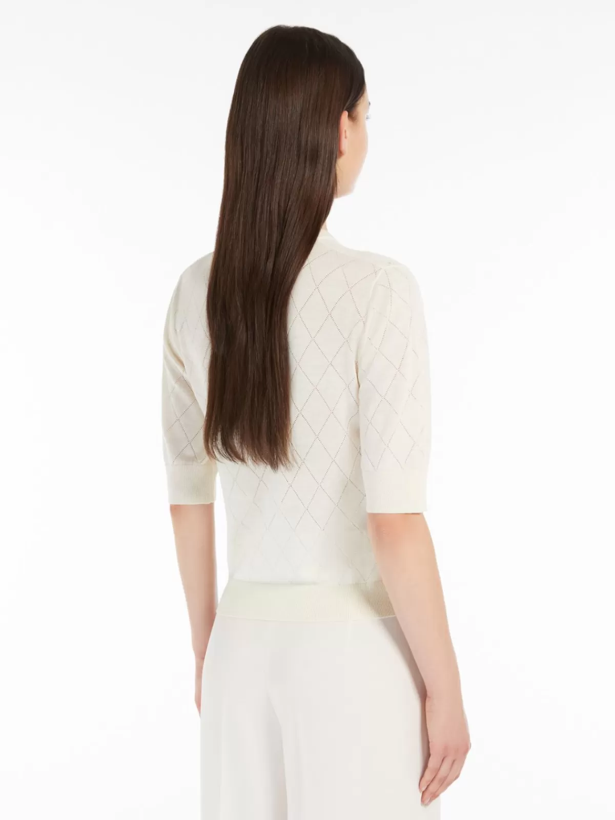 Suéter clásico Max Mara en lana y seda - Diseño argyle con detalles en punto romboidal, tono marfil invierno