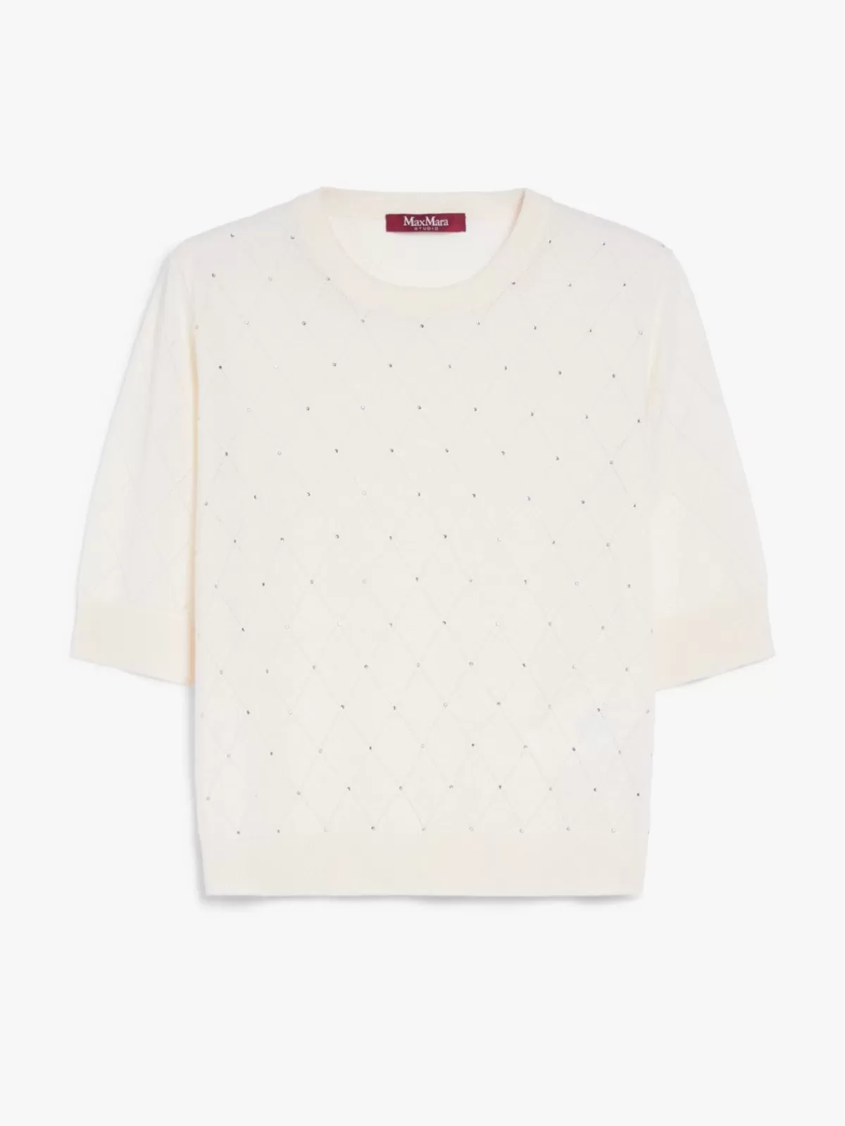 Suéter clásico Max Mara en lana y seda - Diseño argyle con detalles en punto romboidal, tono marfil invierno