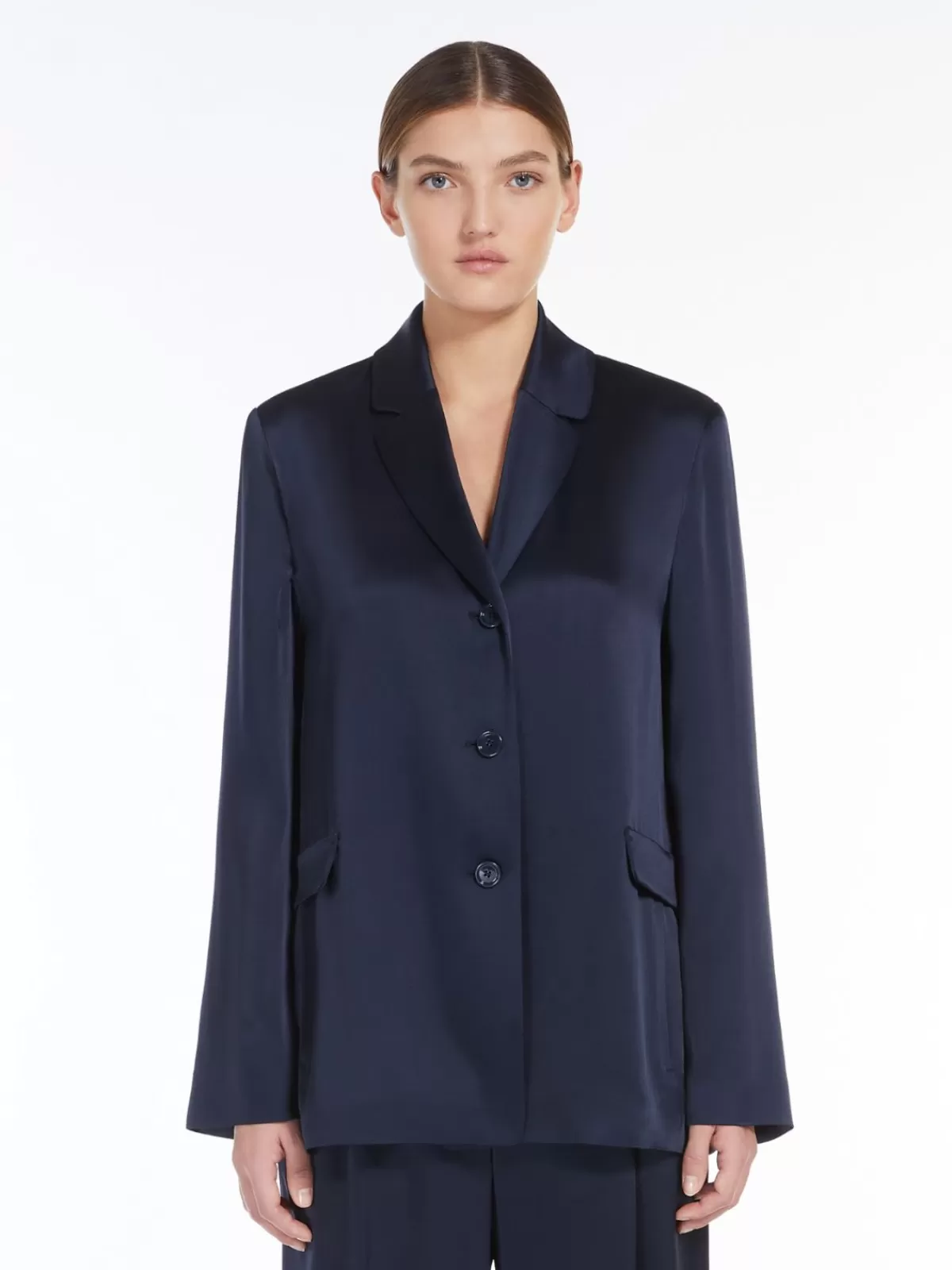 Chaquetas Elegantes | Blazer de Satén Brillante Max Mara - Corte Clásico en Azul Medianoche para Looks Sofisticados